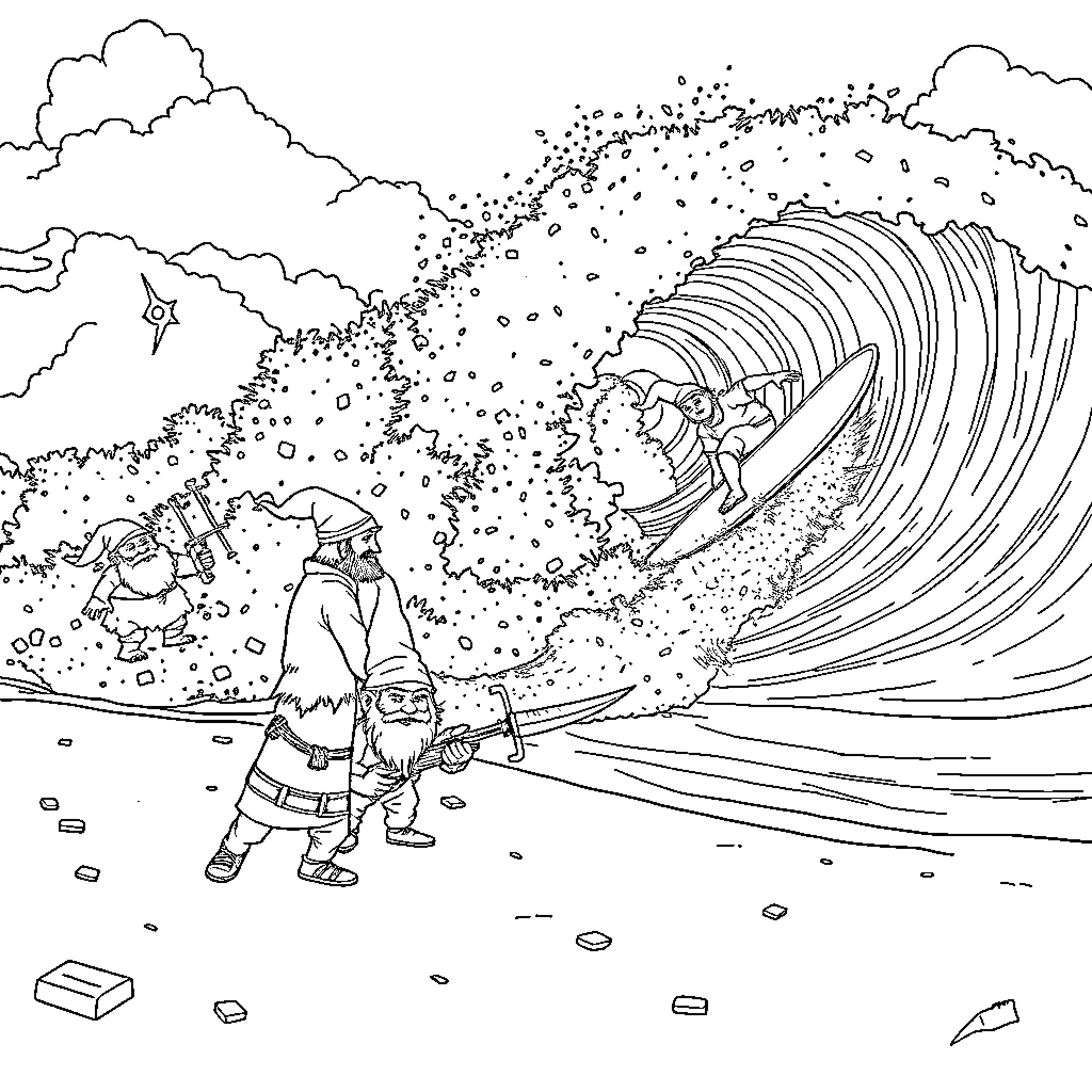 Gnome Adventurers Facing Powerful Oceanic Forces Coloring Page (free black-and-white line drawing printable PDF for all, from beginners to advanced learners, including children, teens, adults, and seniors)