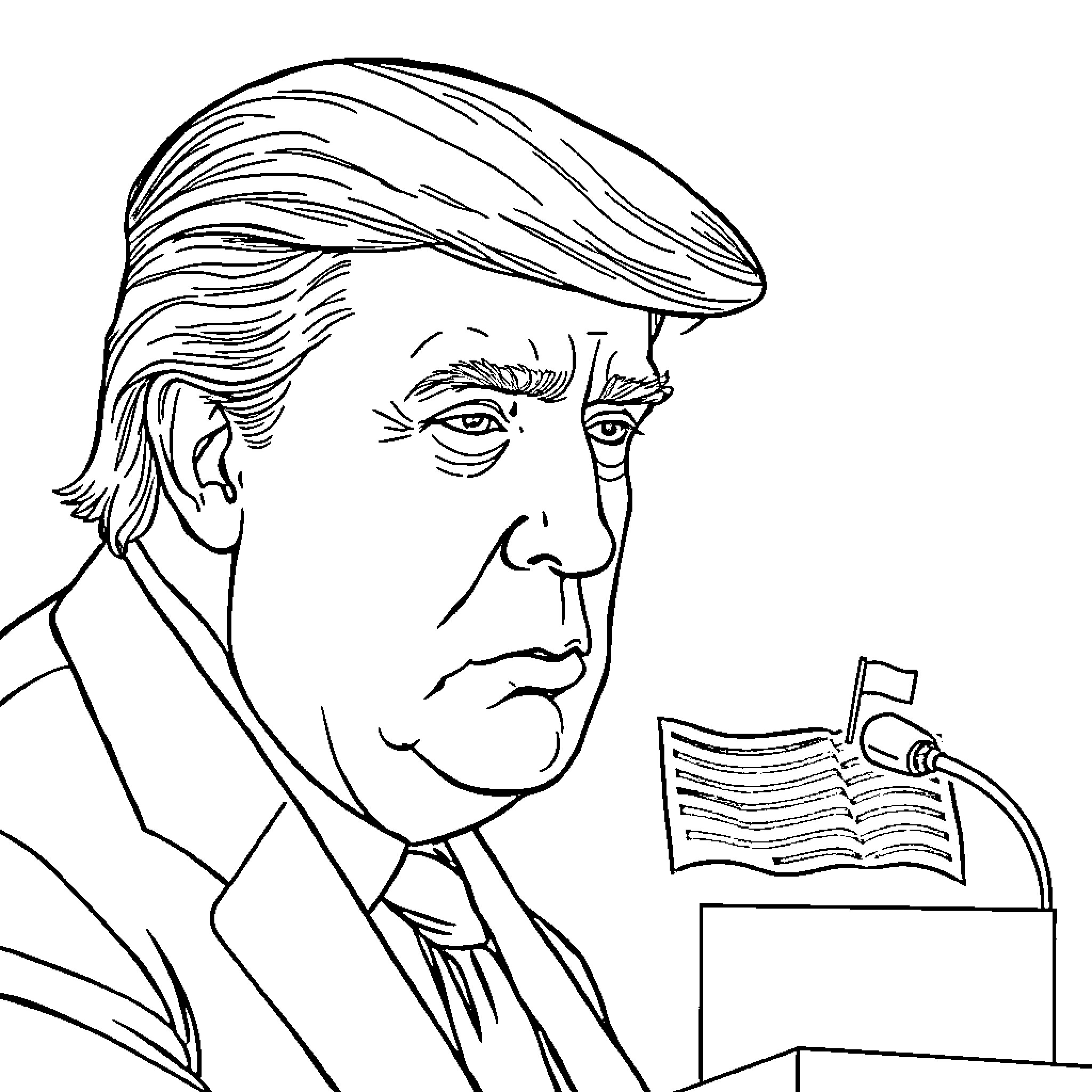 Trump Delivering an Animated Speech Coloring Page (free black-and-white line drawing printable PDF for all, from beginners to advanced learners, including children, teens, adults, and seniors)