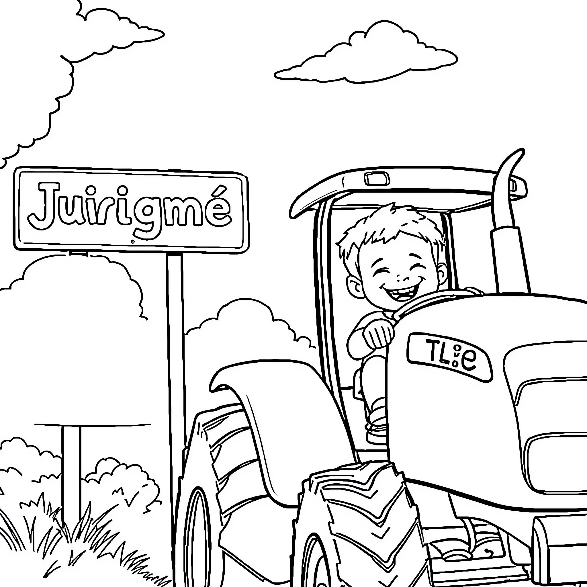 Boy driving a tractor on a country road Coloring Page (free black-and-white line drawing printable PDF for all, from beginners to advanced learners, including children, teens, adults, and seniors)