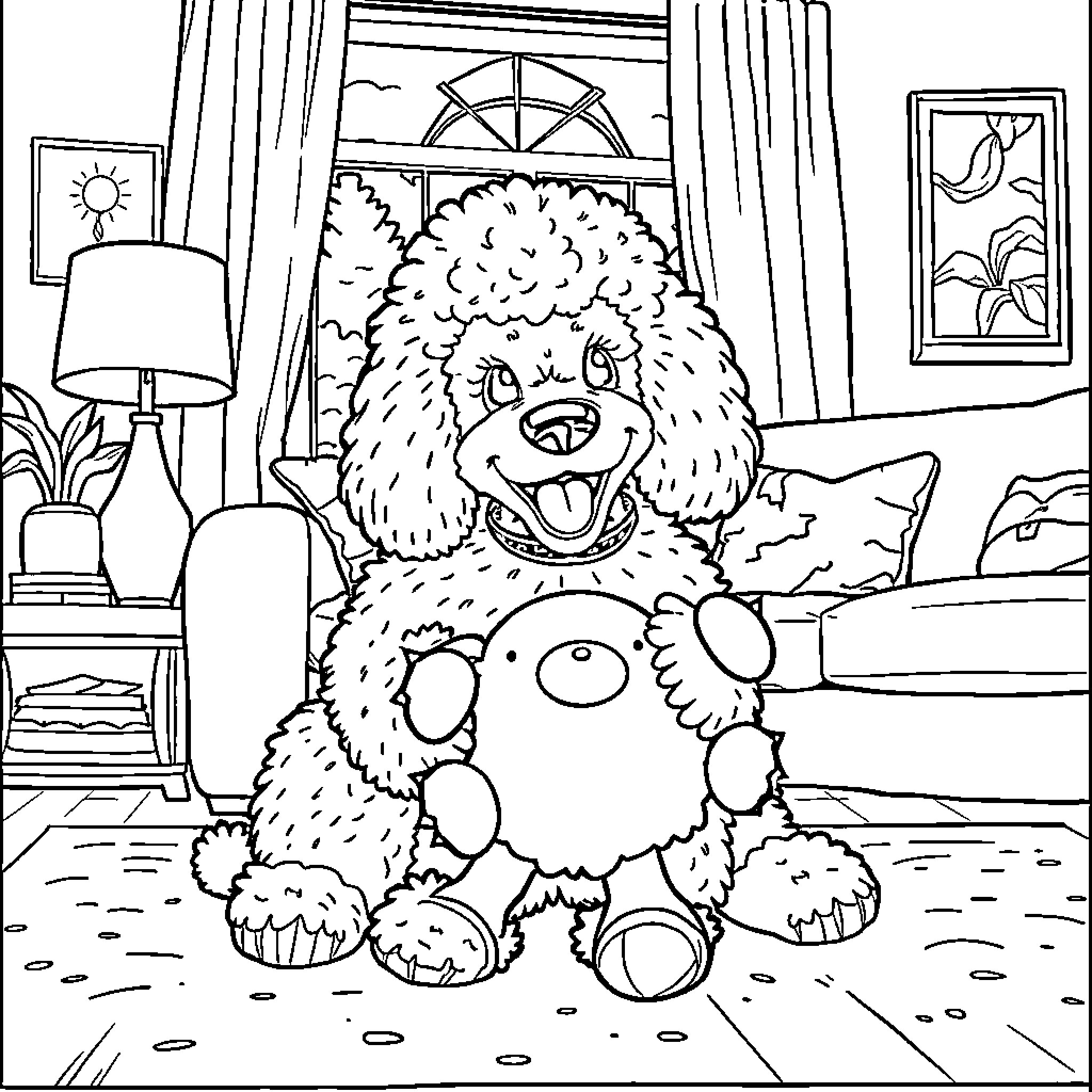 Poodle playing happily with toys in cozy living room Coloring Page (free black-and-white line drawing printable PDF for all, from beginners to advanced learners, including children, teens, adults, and seniors)