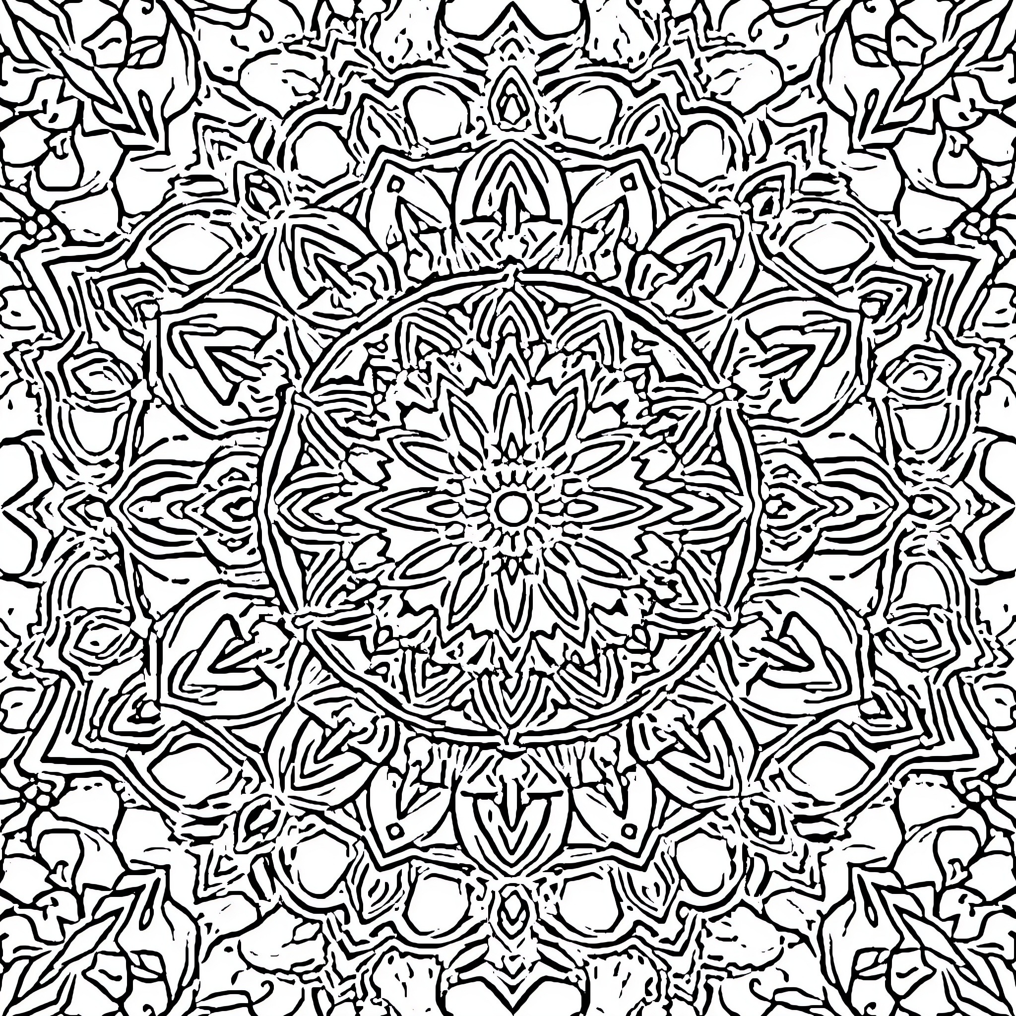 Mandala of intricate floral patterns Coloring Page (free black-and-white line drawing printable PDF for all, from beginners to advanced learners, including children, teens, adults, and seniors)