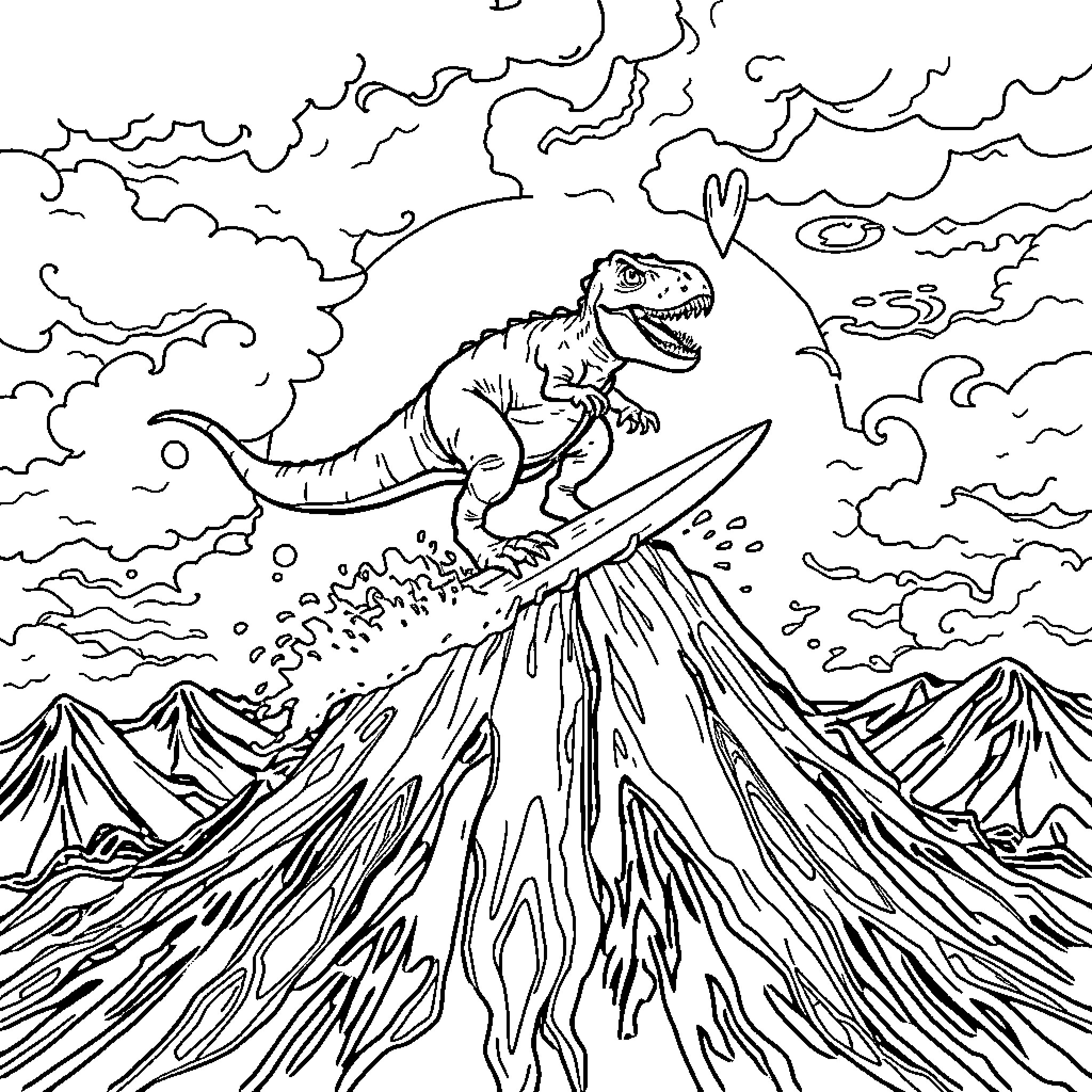T-Rex surfing on a volcanic eruption Coloring Page (free black-and-white line drawing printable PDF for all, from beginners to advanced learners, including children, teens, adults, and seniors)