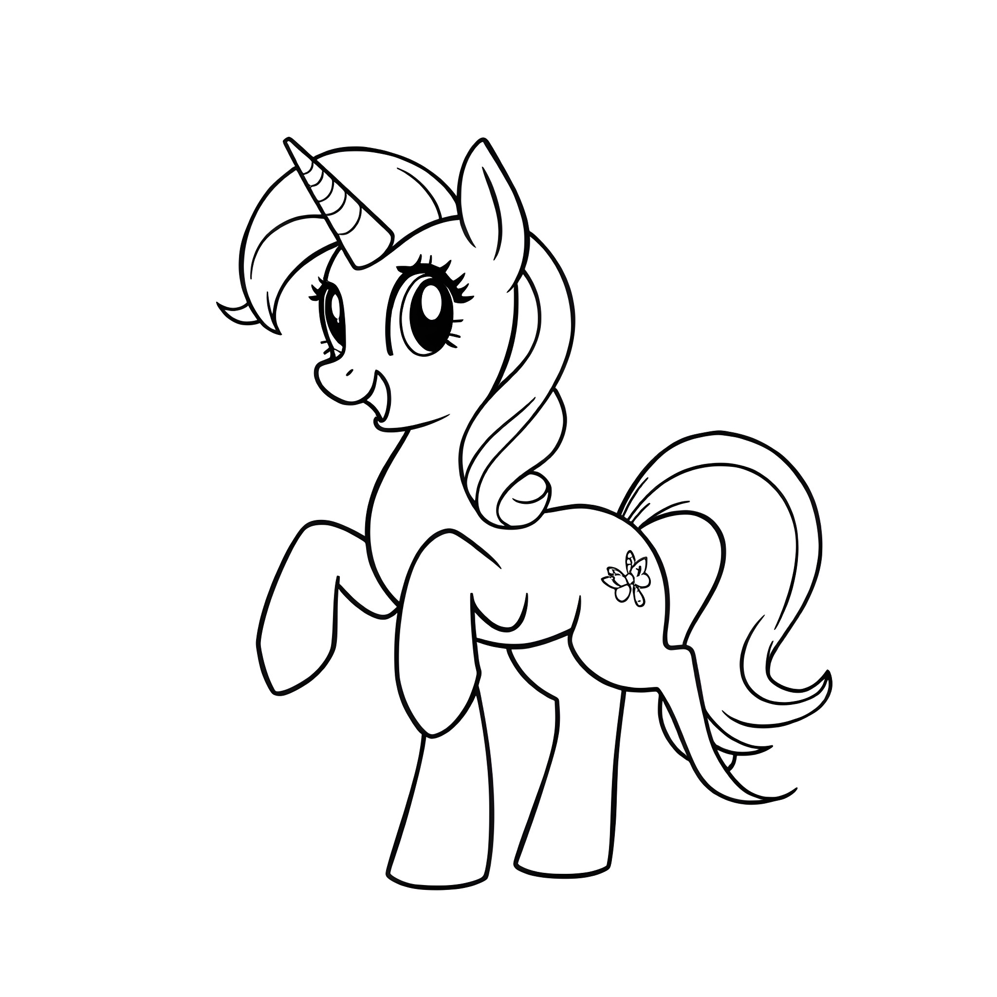 Zipp the Cheerful Unicorn Coloring Page (free black-and-white line drawing printable PDF for all, from beginners to advanced learners, including children, teens, adults, and seniors)