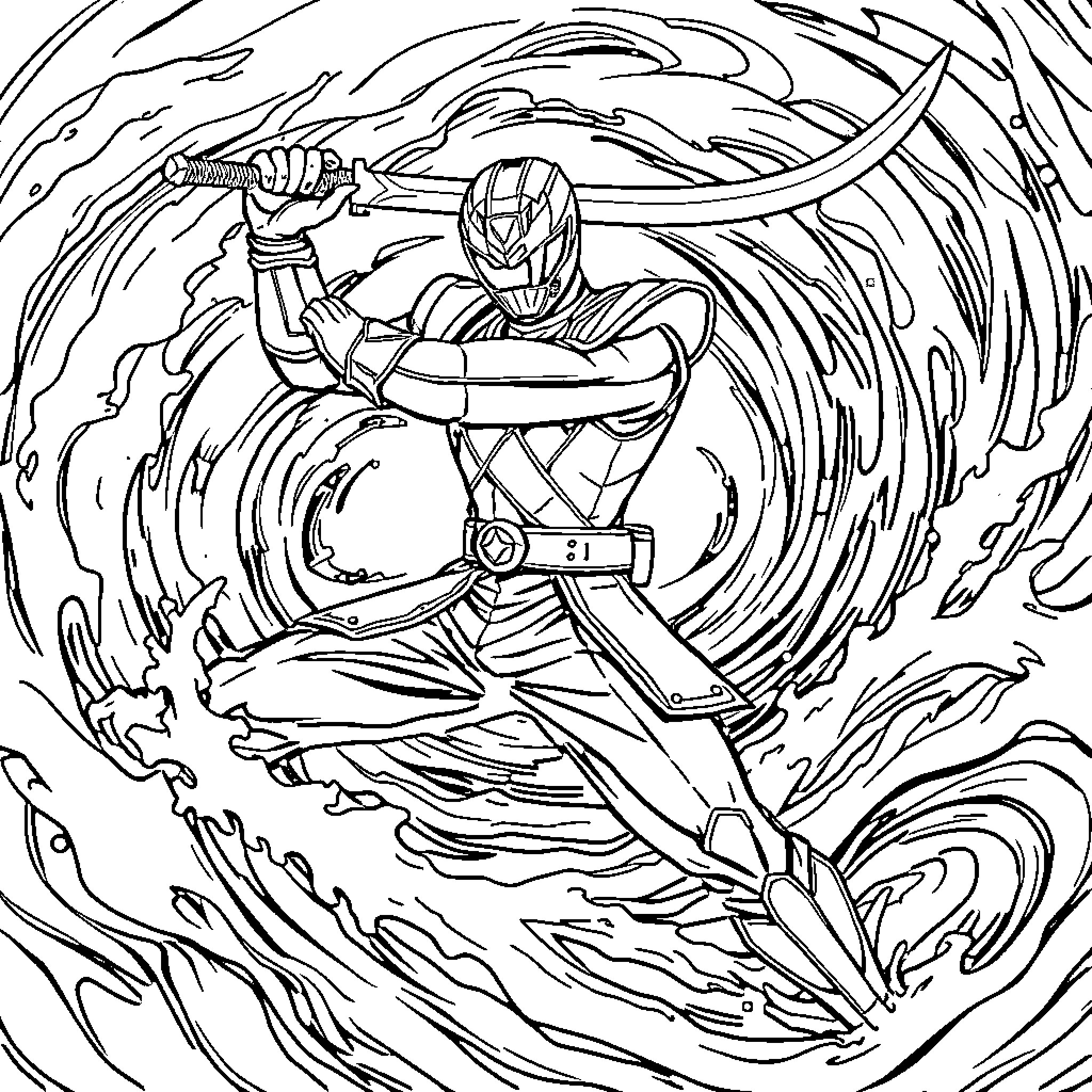 Power Ranger fighting in a storm Coloring Page (free black-and-white line drawing printable PDF for all, from beginners to advanced learners, including children, teens, adults, and seniors)