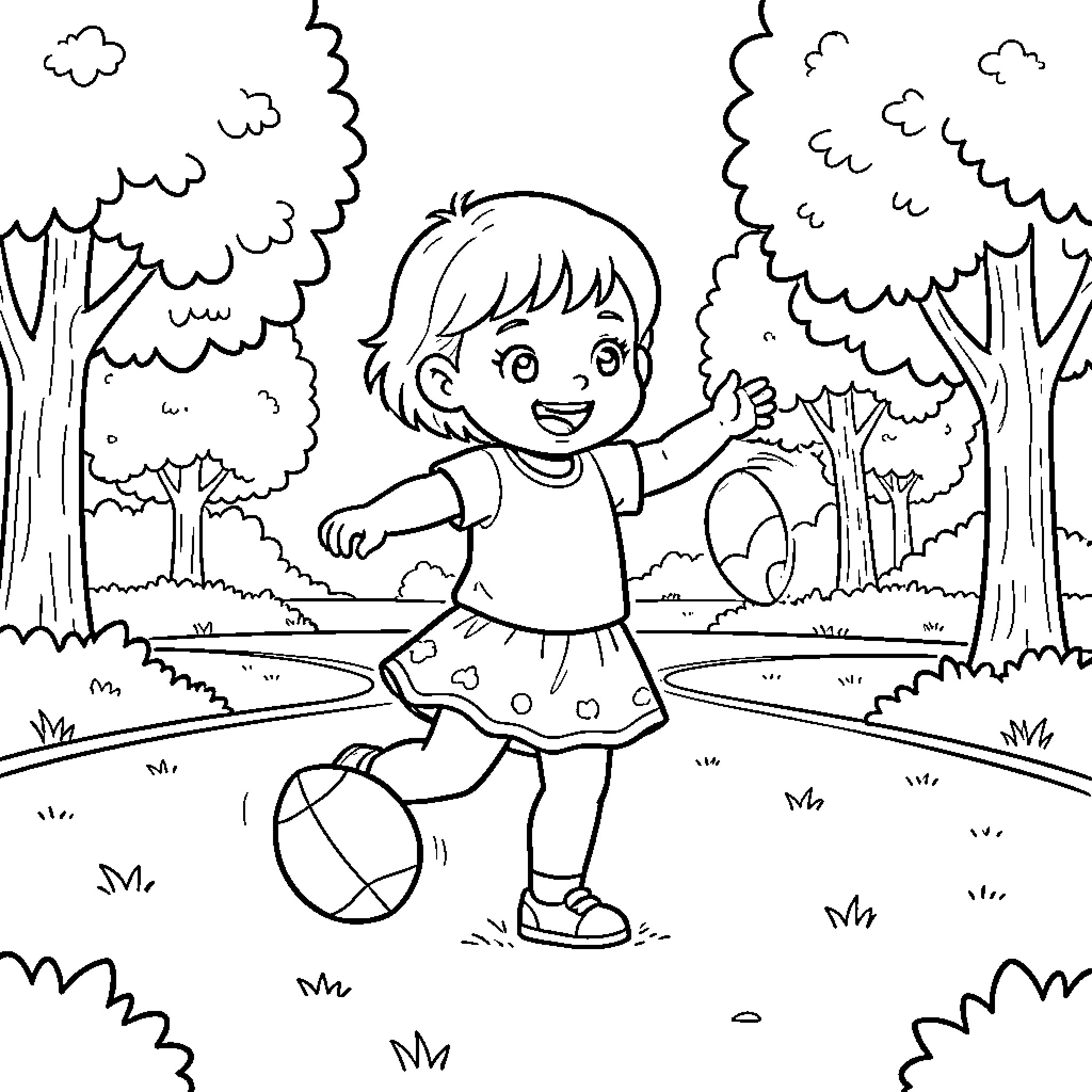 Babygirl playing happily with a ball in the park Coloring Page (free black-and-white line drawing printable PDF for all, from beginners to advanced learners, including children, teens, adults, and seniors)