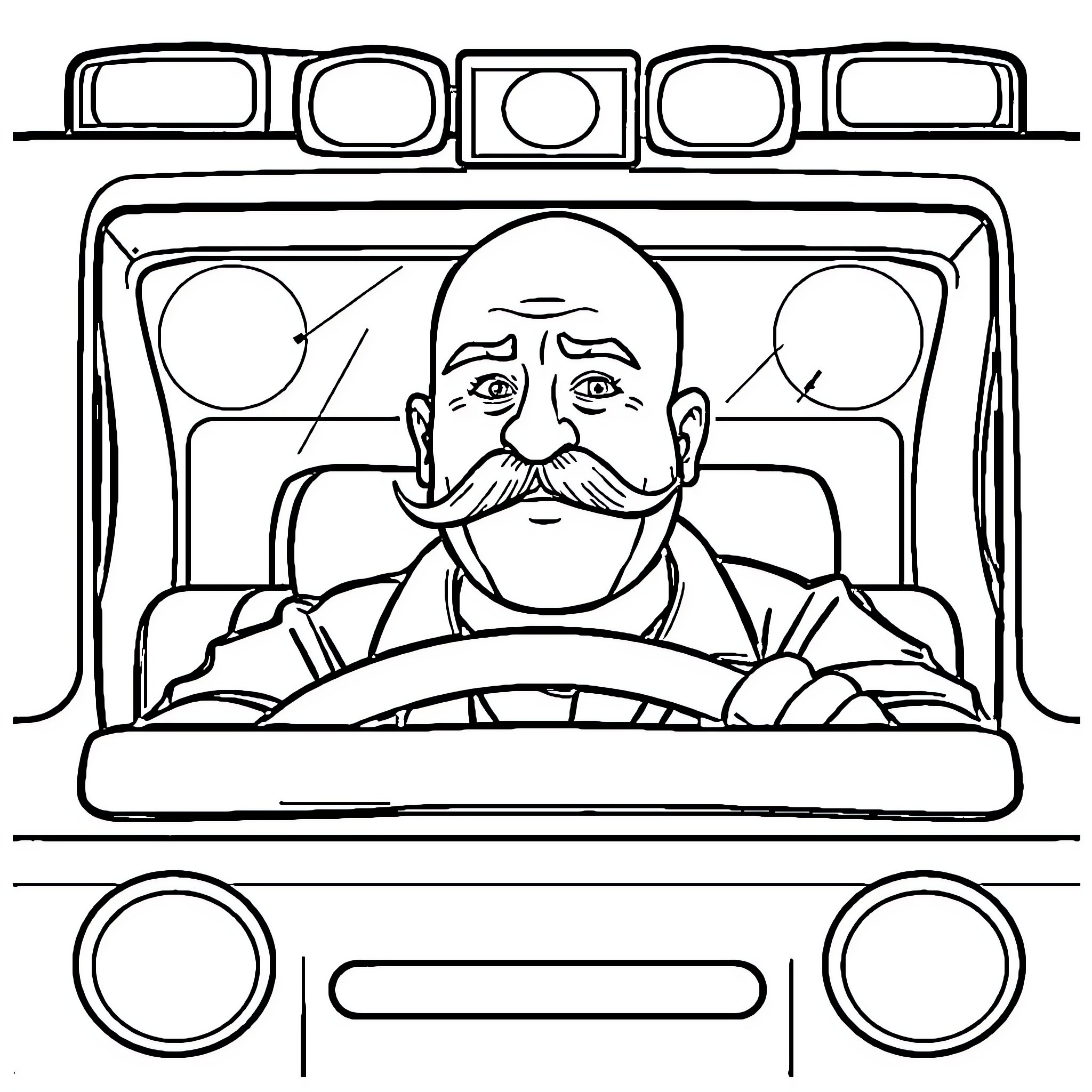 Fire Truck Driven by Mustachioed Firefighter Coloring Page (free black-and-white line drawing printable PDF for all, from beginners to advanced learners, including children, teens, adults, and seniors)
