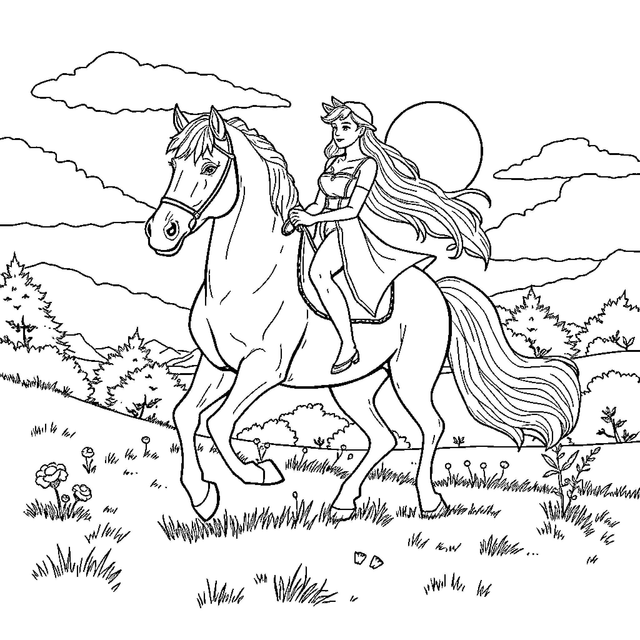 Elza's Enchanted Equestrian Adventure Coloring Page (free black-and-white line drawing printable PDF for all, from beginners to advanced learners, including children, teens, adults, and seniors)