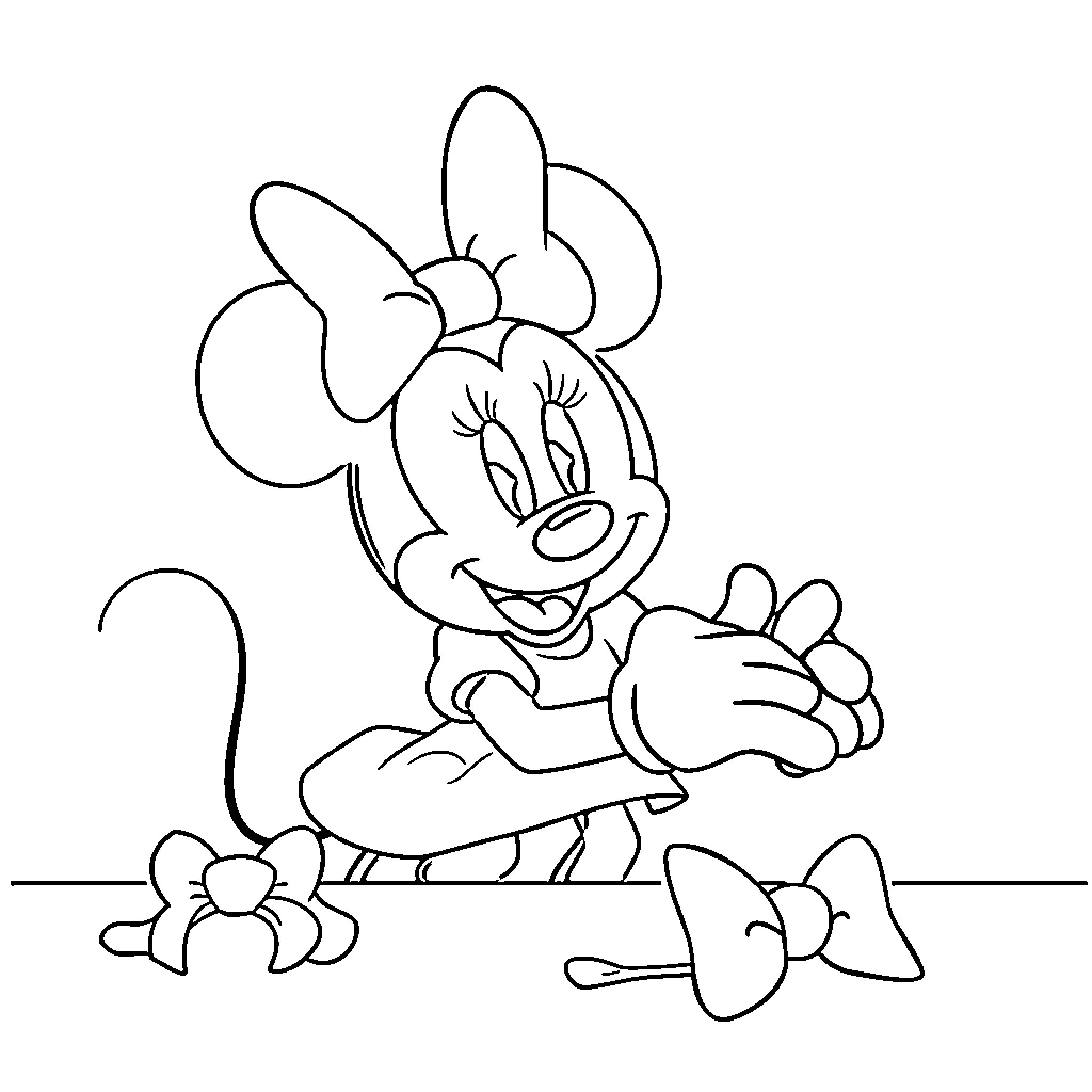Minnie Mouse sitting and smiling cheerfully Coloring Page (free black-and-white line drawing printable PDF for all, from beginners to advanced learners, including children, teens, adults, and seniors)
