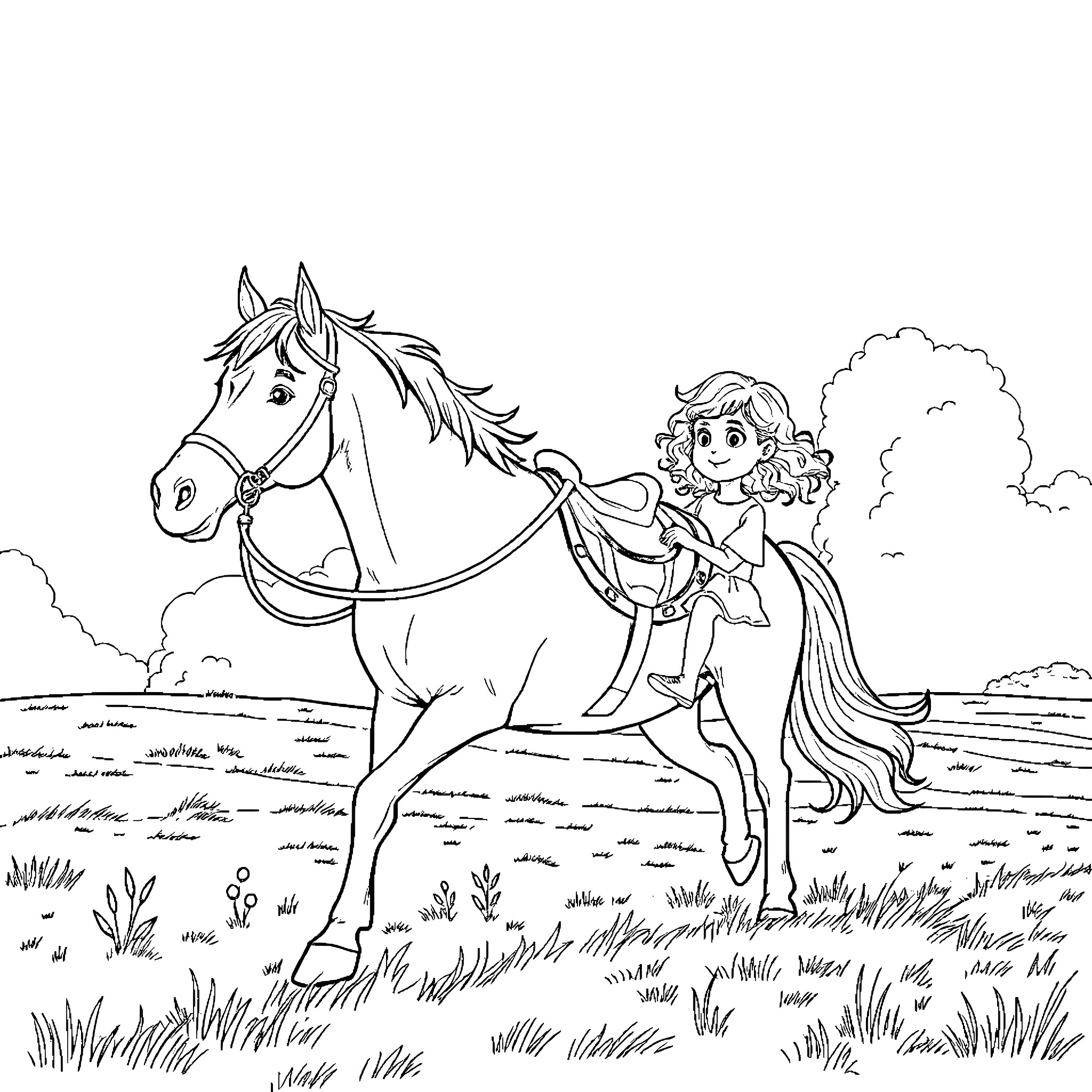 Girl riding majestic horse in serene countryside Coloring Page (free black-and-white line drawing printable PDF for all, from beginners to advanced learners, including children, teens, adults, and seniors)