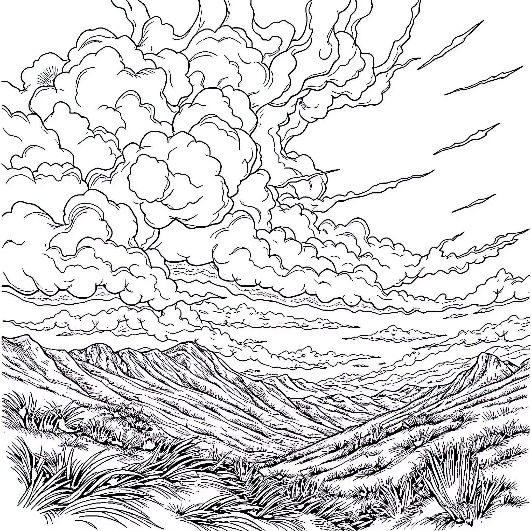 Berserk Scenery of Dramatic Landscape with Cloudy Sky Coloring Page (free black-and-white line drawing printable PDF for all, from beginners to advanced learners, including children, teens, adults, and seniors)