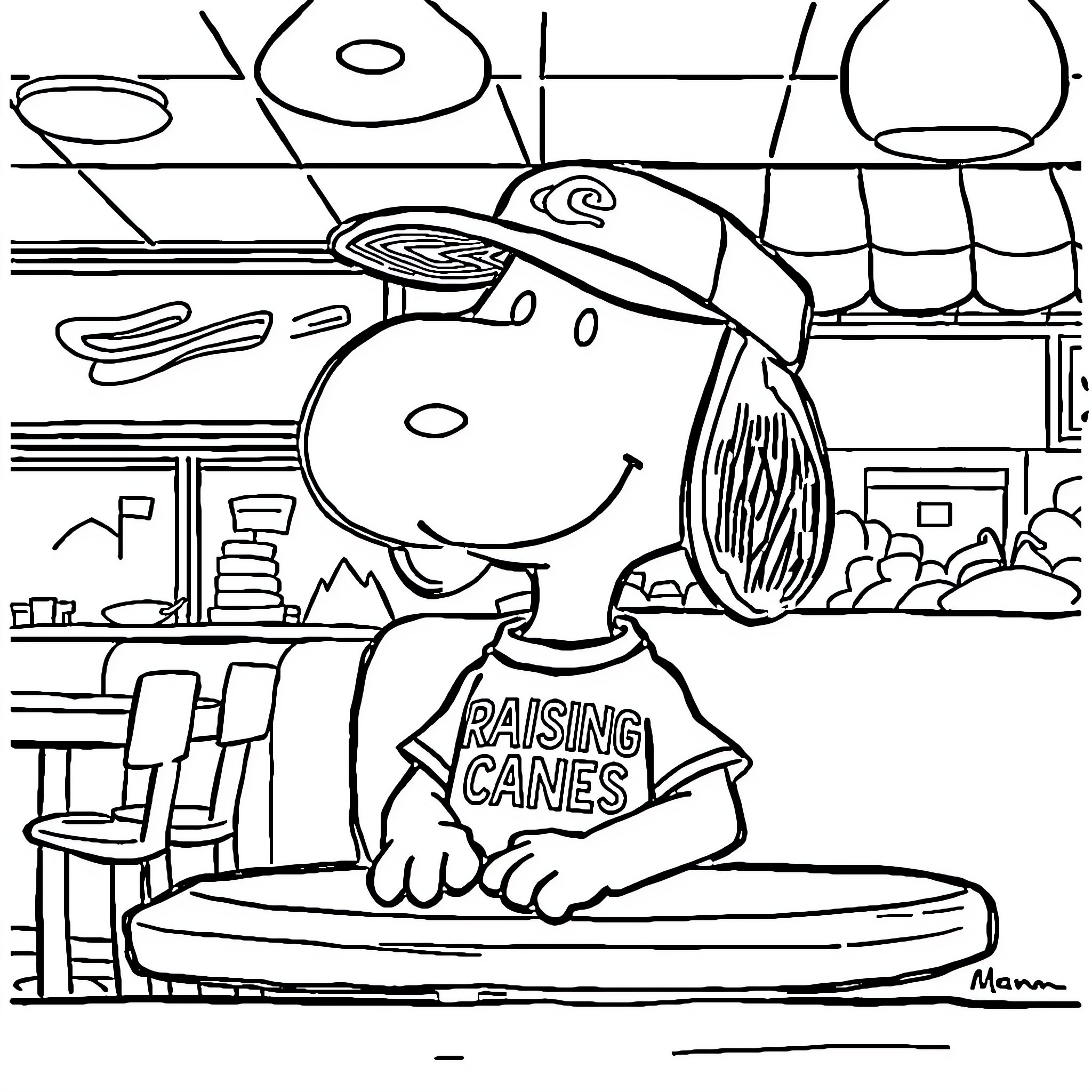 Snoopy Raising Canes in the Kitchen Coloring Page (free black-and-white line drawing printable PDF for all, from beginners to advanced learners, including children, teens, adults, and seniors)