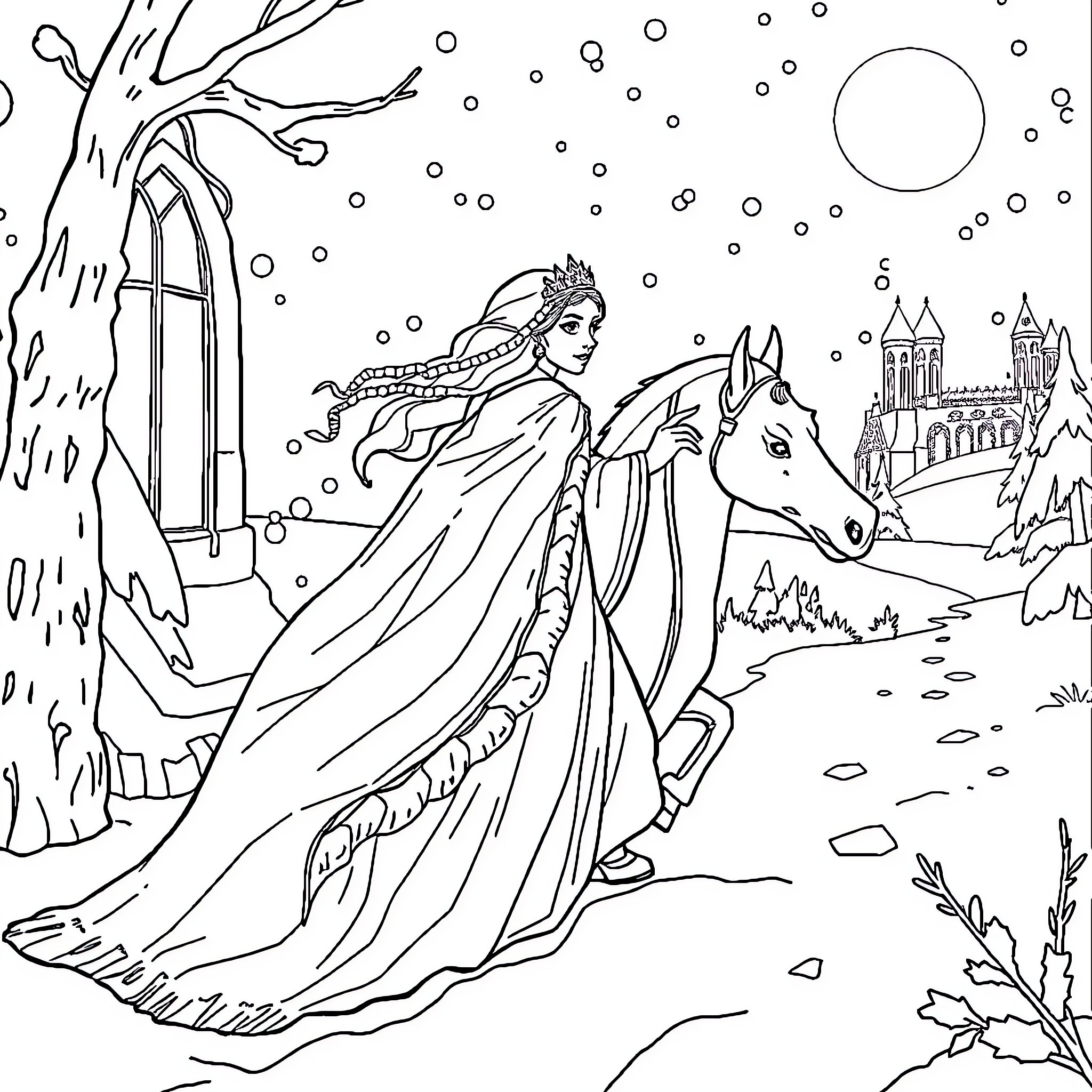 Snow Queen riding a horse through a snowy landscape Coloring Page (free black-and-white line drawing printable PDF for all, from beginners to advanced learners, including children, teens, adults, and seniors)