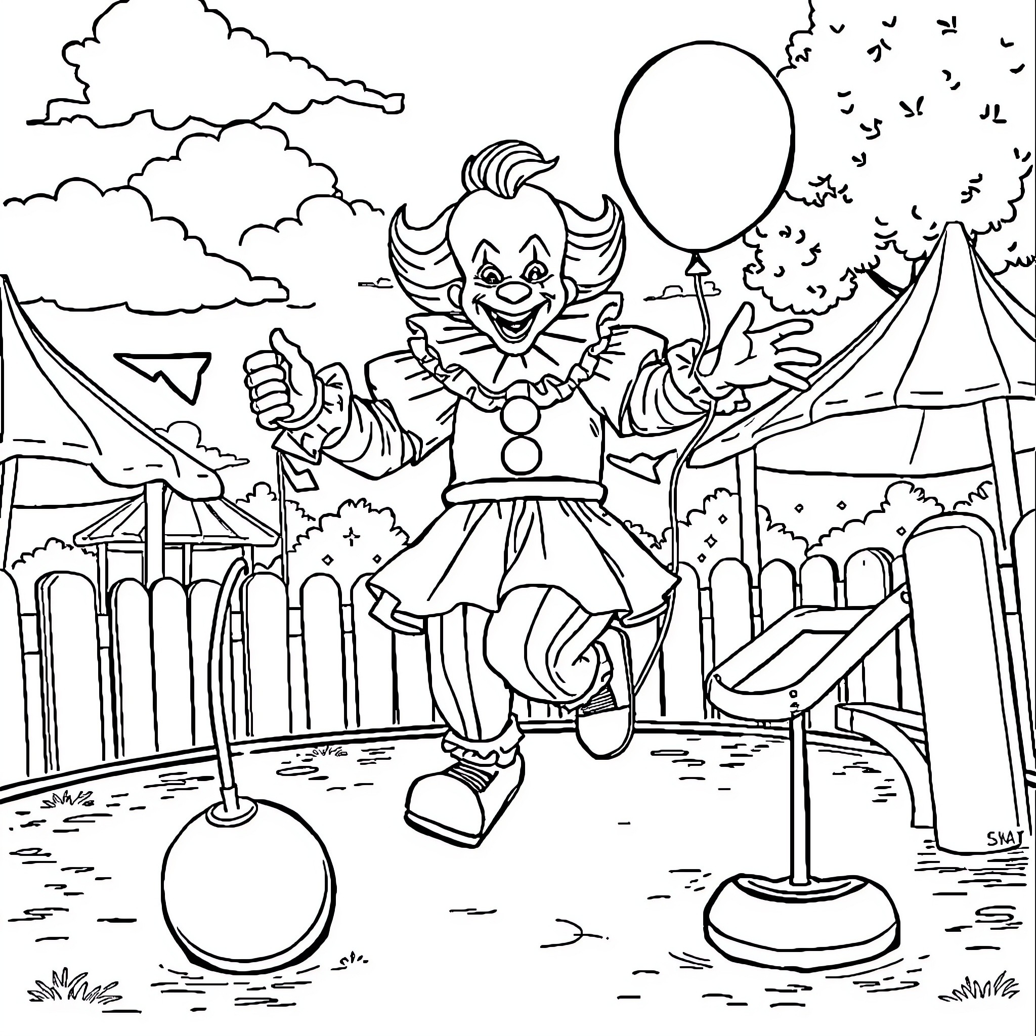 Pennywise the Clown's Sinister Circus Adventure Coloring Page (free black-and-white line drawing printable PDF for all, from beginners to advanced learners, including children, teens, adults, and seniors)