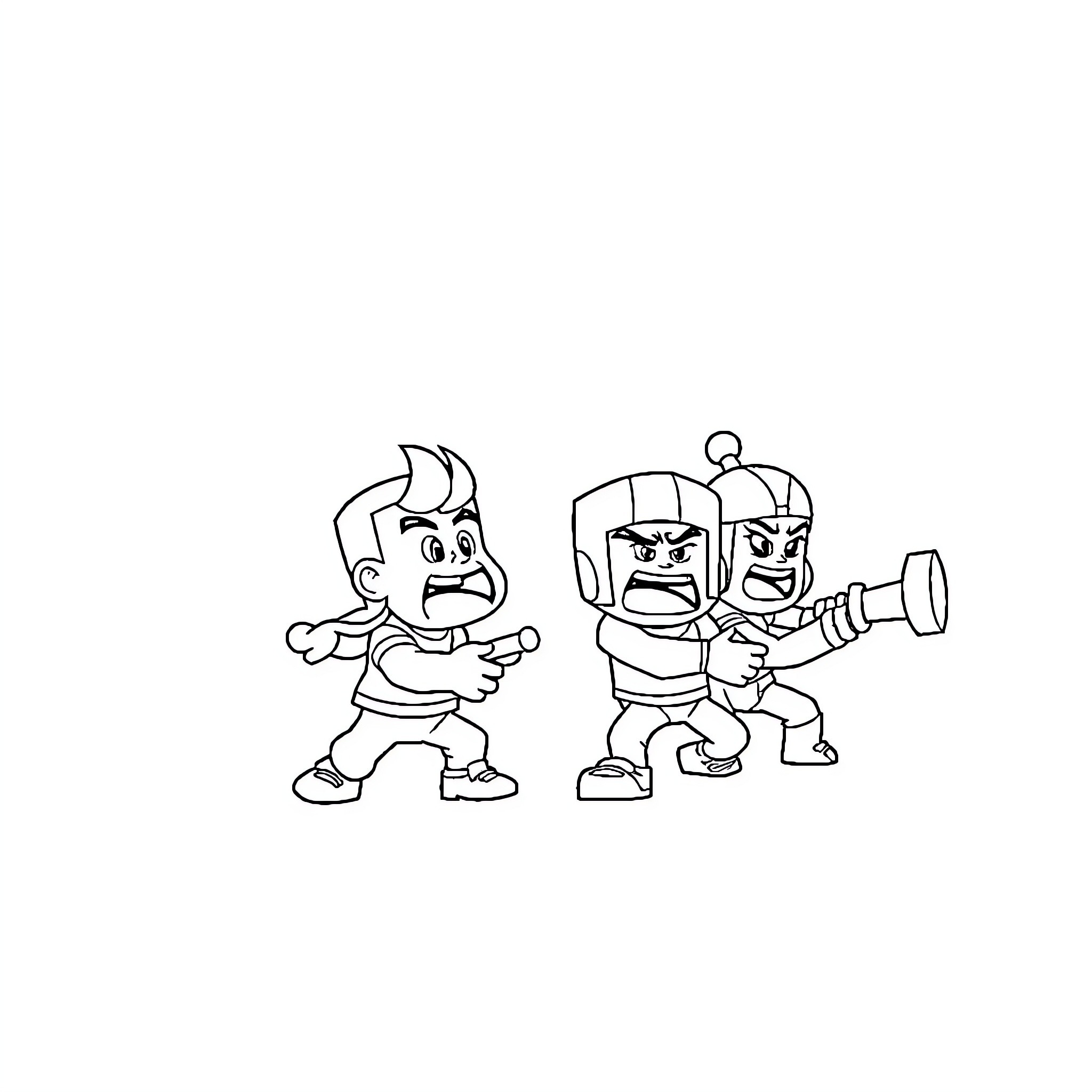 Brawl Stars Characters in Animated Action Coloring Page (free black-and-white line drawing printable PDF for all, from beginners to advanced learners, including children, teens, adults, and seniors)