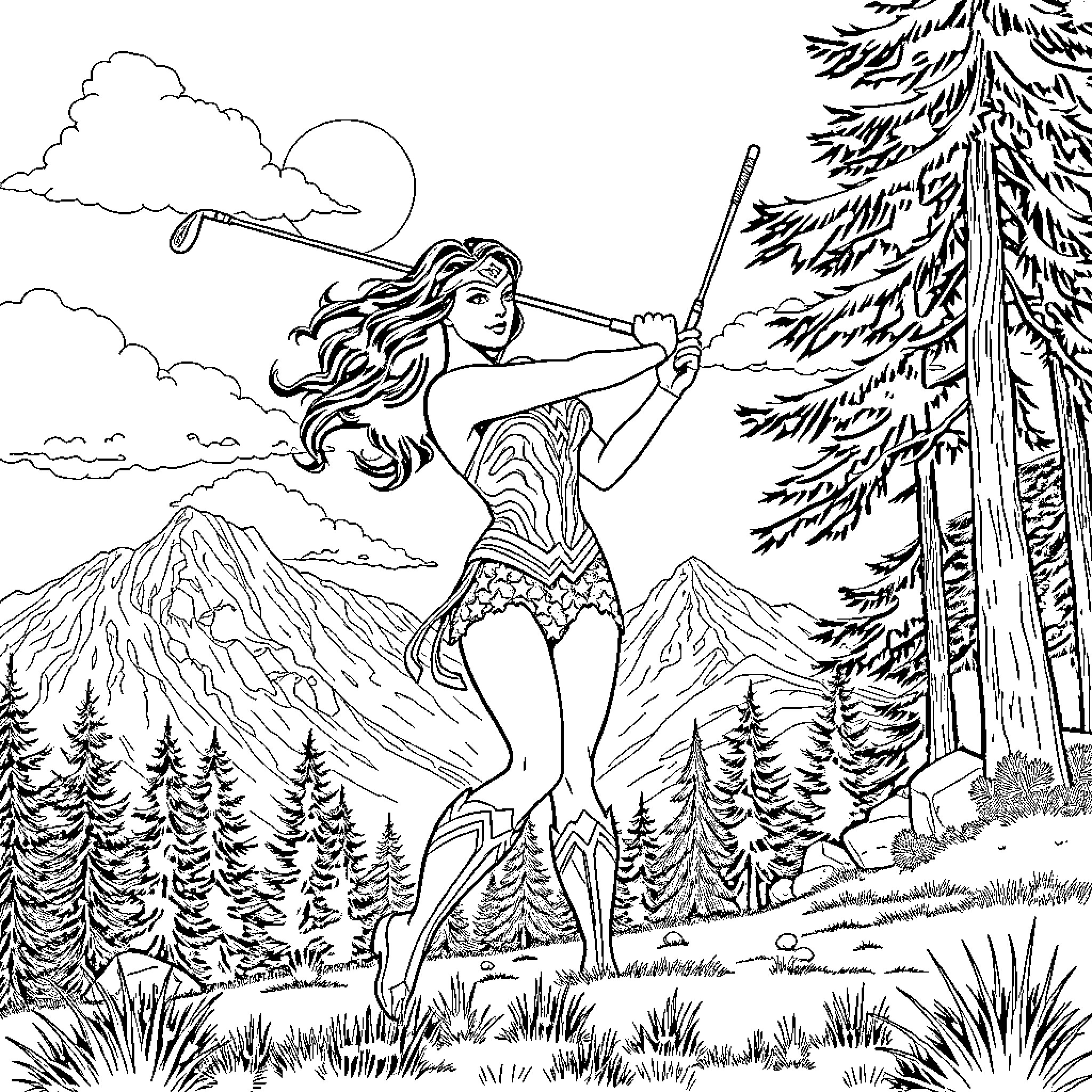 Wonder Woman Heroically Stands Amidst Nature's Grandeur Coloring Page (free black-and-white line drawing printable PDF for all, from beginners to advanced learners, including children, teens, adults, and seniors)