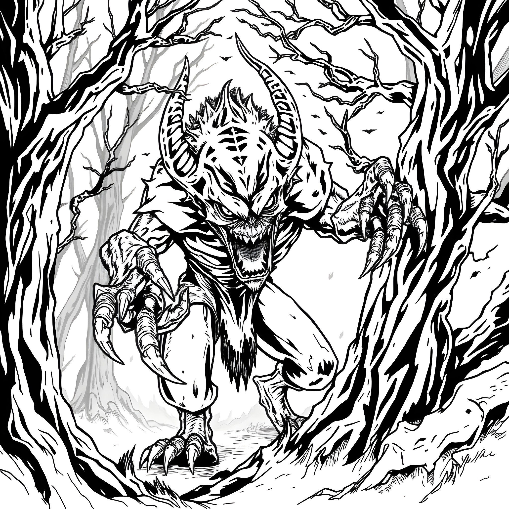 Fantasy Creature Emerging from Twisted Branches Coloring Page (free black-and-white line drawing printable PDF for all, from beginners to advanced learners, including children, teens, adults, and seniors)