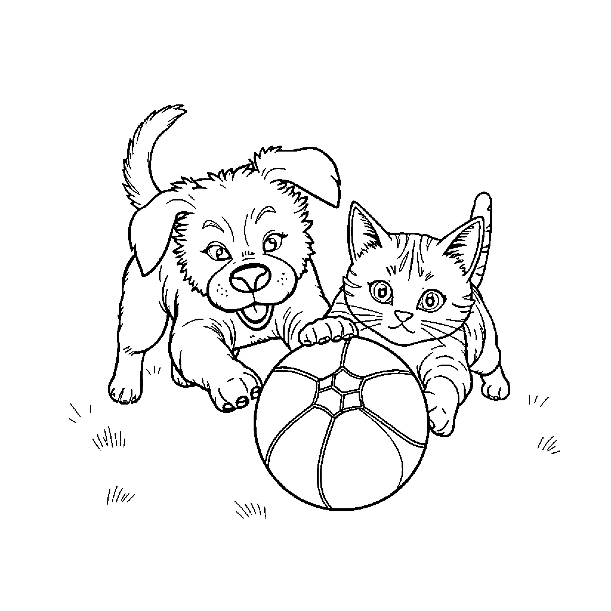 Dog and cat playing with ball on grass Coloring Page (free black-and-white line drawing printable PDF for all, from beginners to advanced learners, including children, teens, adults, and seniors)