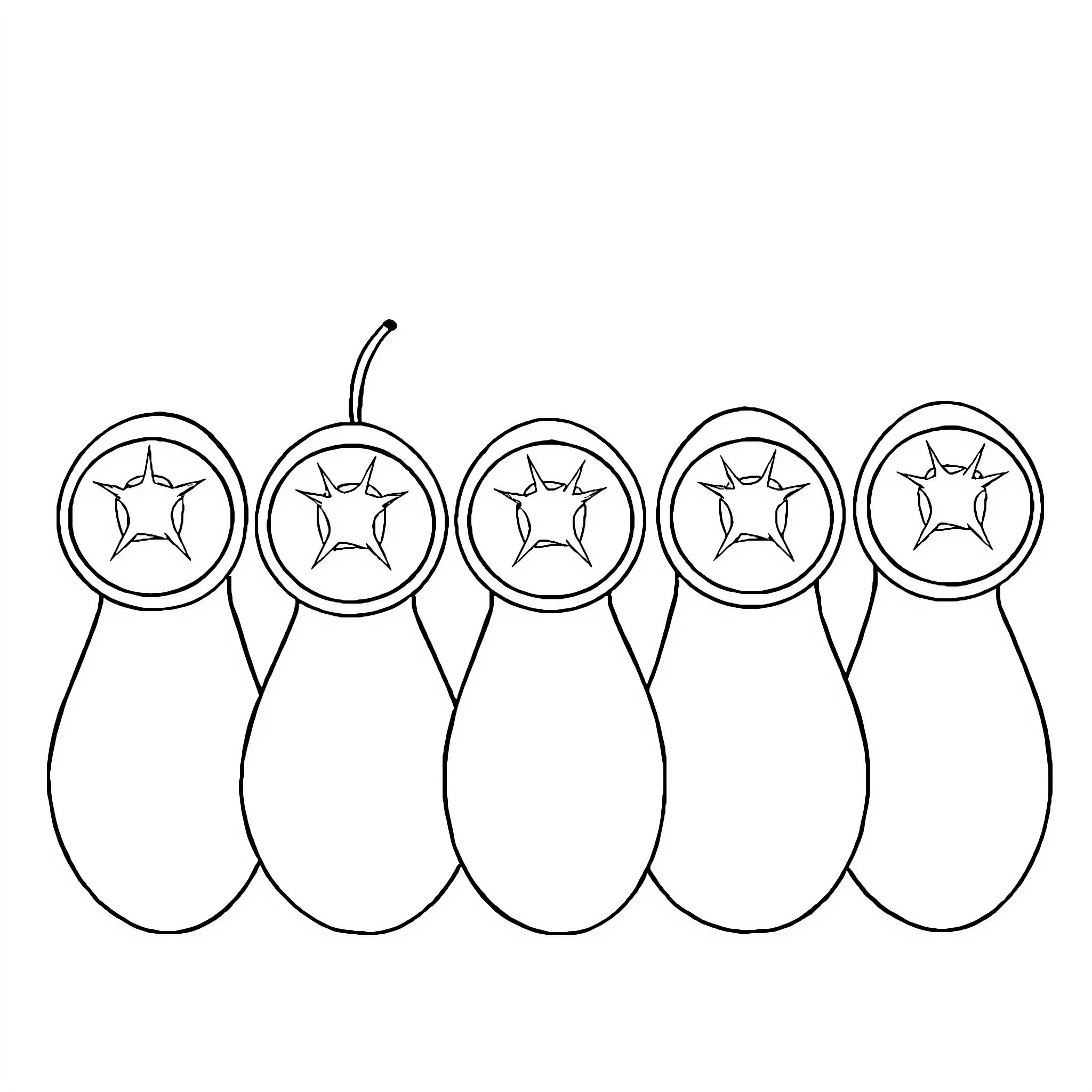 Fruit characters with star designs on outfits Coloring Page (free black-and-white line drawing printable PDF for all, from beginners to advanced learners, including children, teens, adults, and seniors)