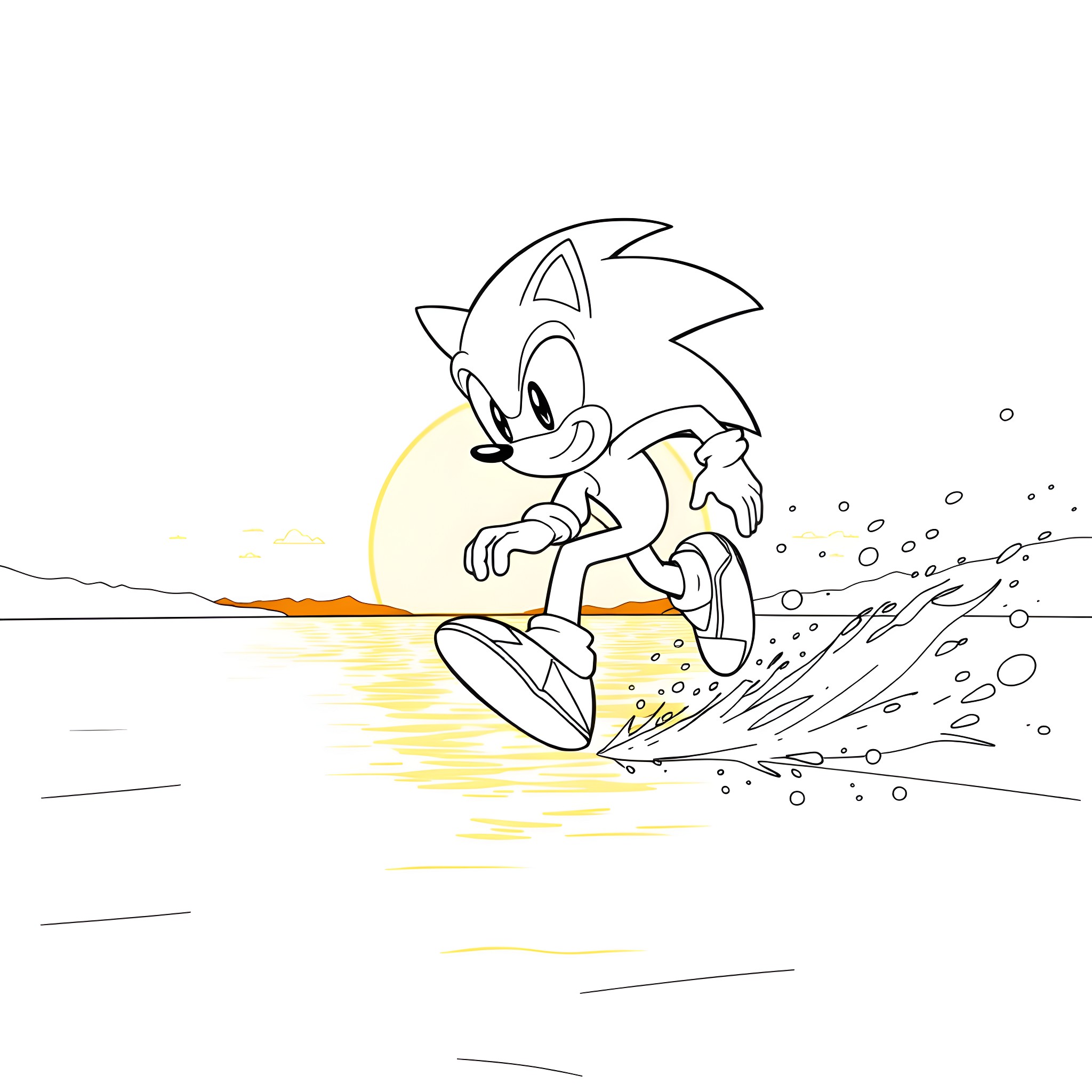 Sonic surfing on the waves with energy Coloring Page (free black-and-white line drawing printable PDF for all, from beginners to advanced learners, including children, teens, adults, and seniors)
