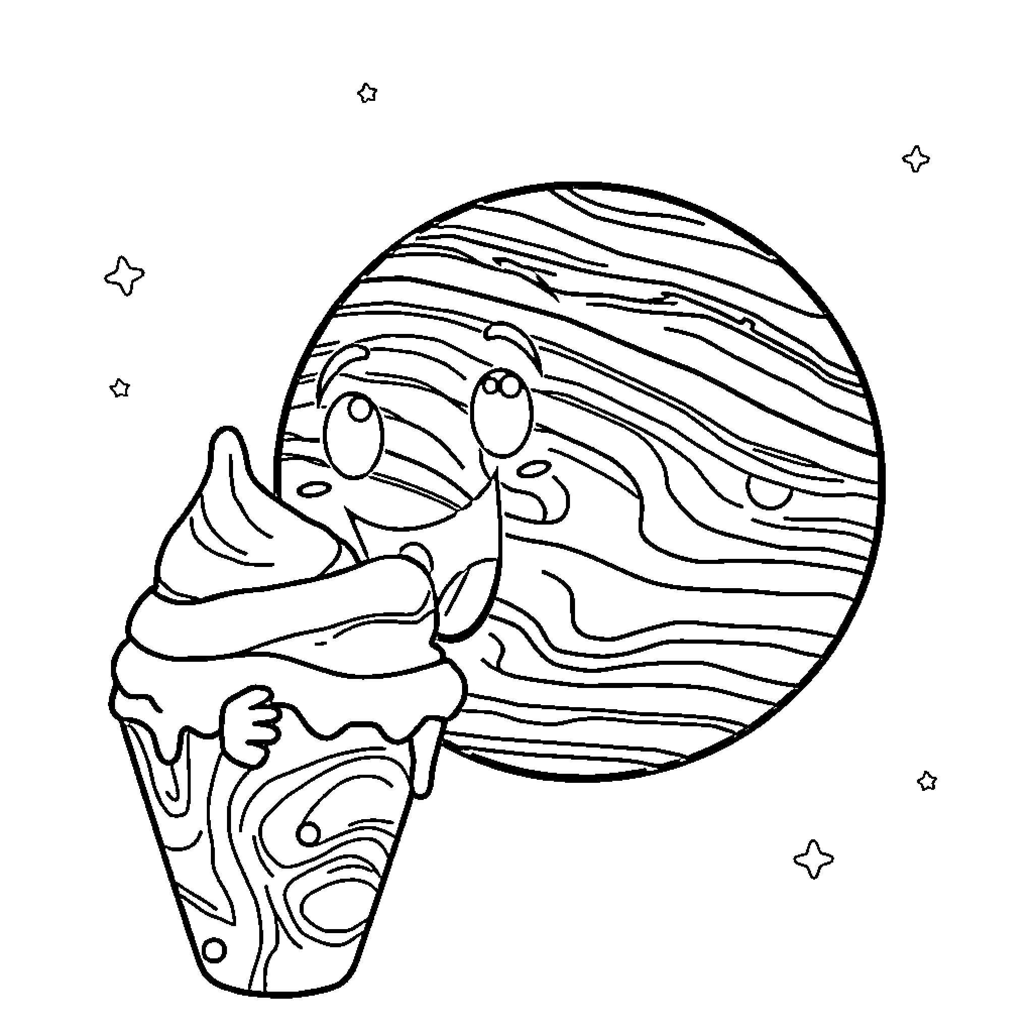 Numberblock Exploring the Cosmic Cupcake Coloring Page (free black-and-white line drawing printable PDF for all, from beginners to advanced learners, including children, teens, adults, and seniors)