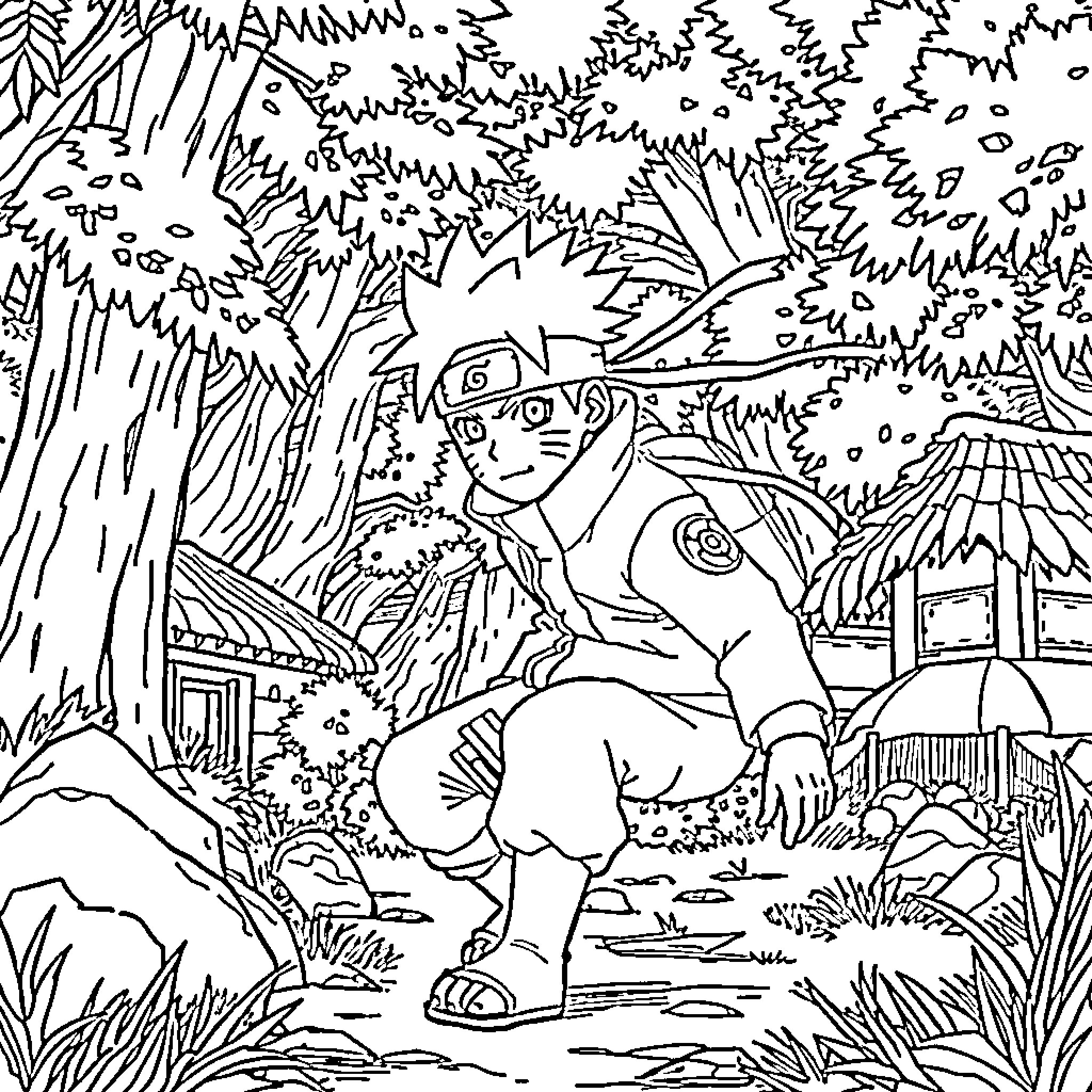 Naruto Ninja Training in the Forest Coloring Page (free black-and-white line drawing printable PDF for all, from beginners to advanced learners, including children, teens, adults, and seniors)