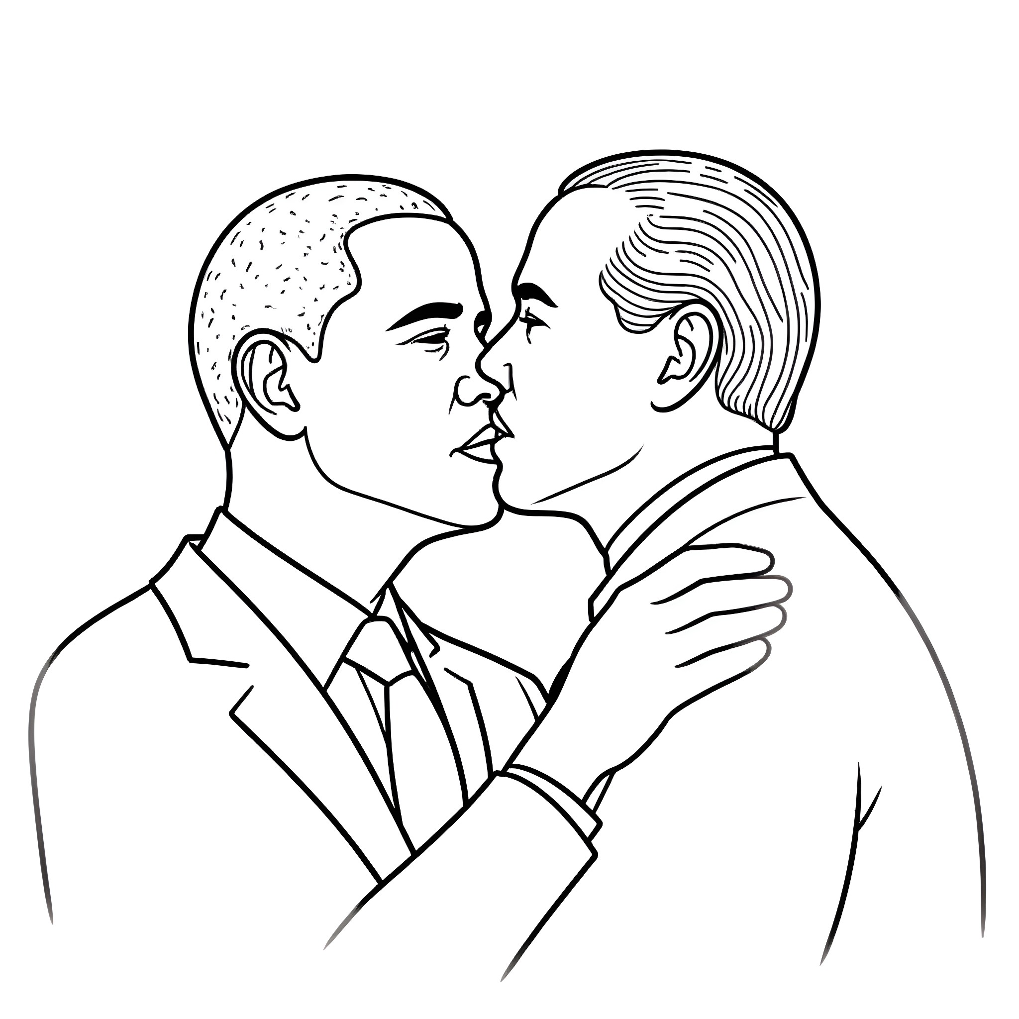 Obama and another man in an embrace Coloring Page (free black-and-white line drawing printable PDF for all, from beginners to advanced learners, including children, teens, adults, and seniors)