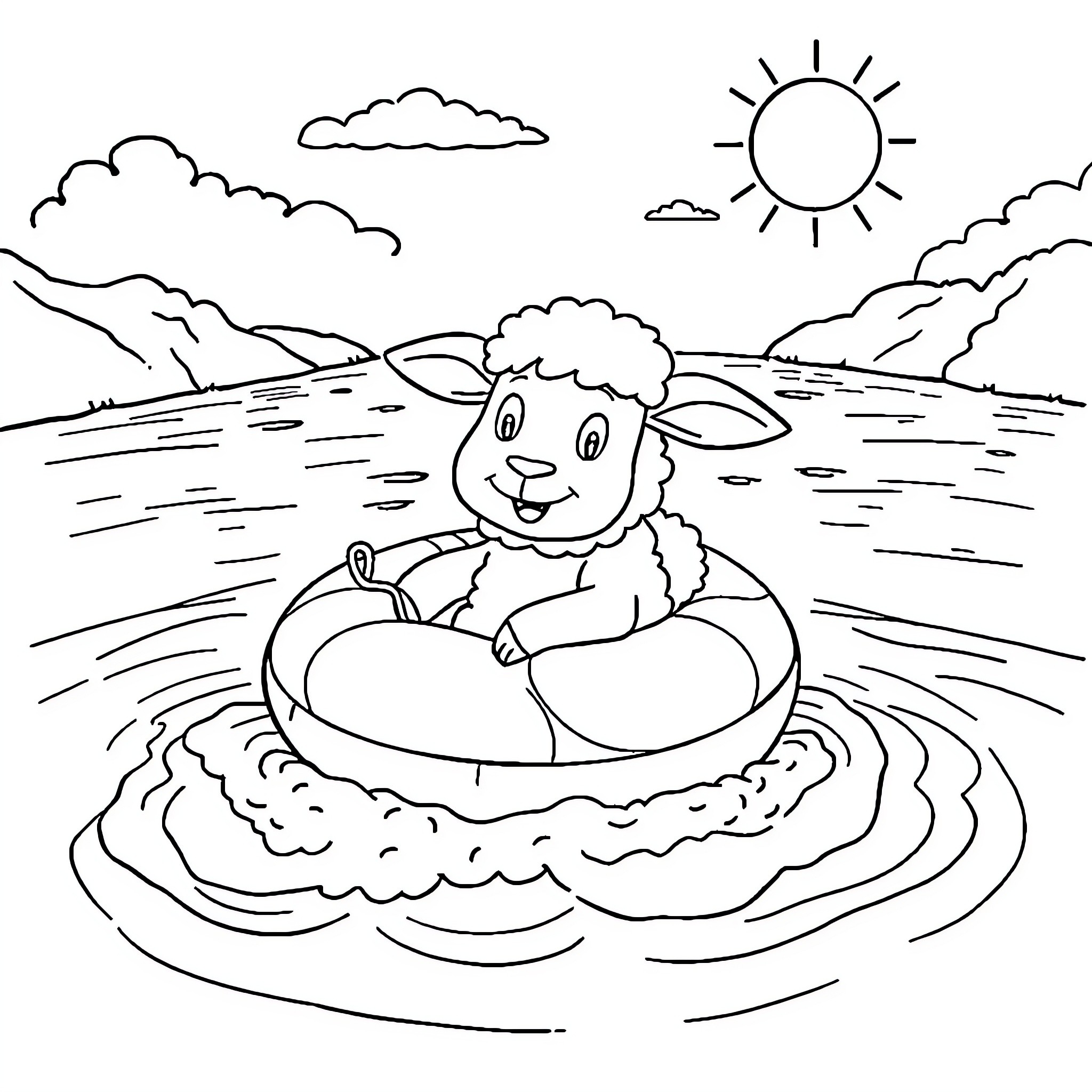 Shaun the Sheep relaxing in a float on the lake Coloring Page (free black-and-white line drawing printable PDF for all, from beginners to advanced learners, including children, teens, adults, and seniors)