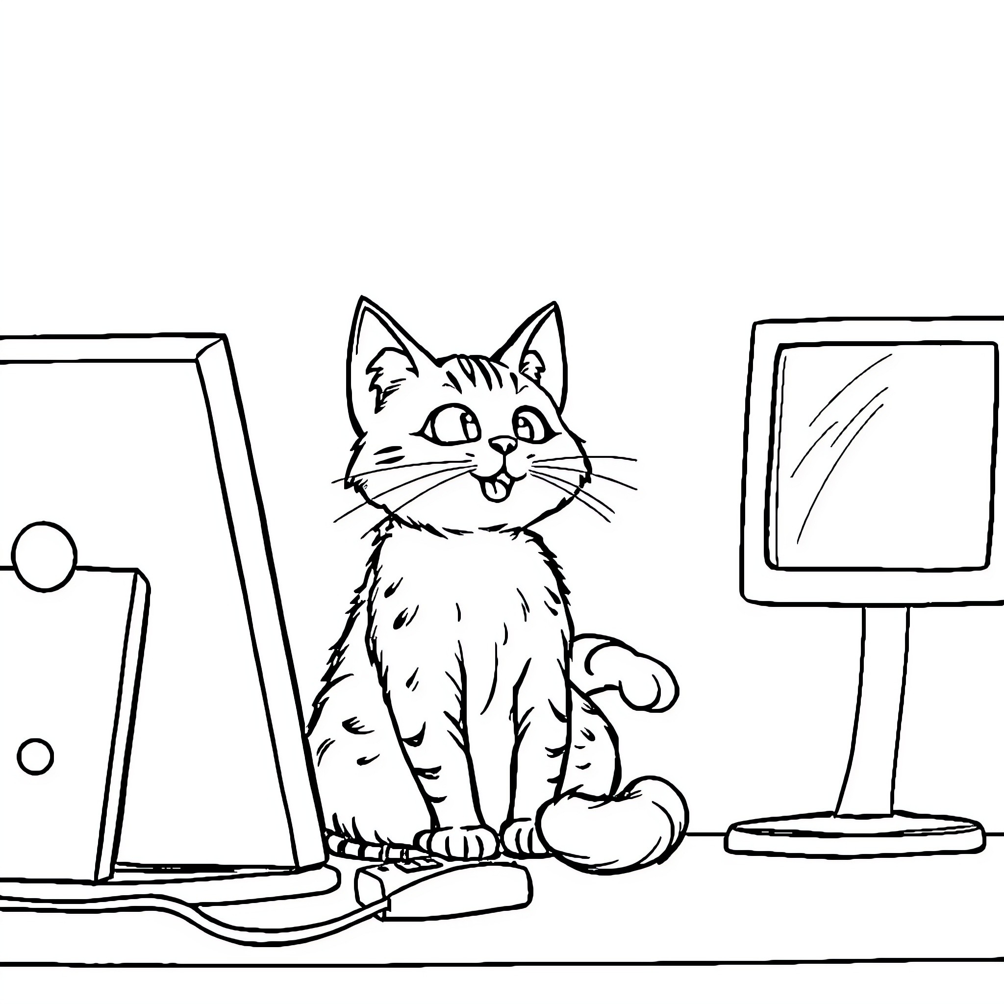 Cat enjoying computer activities at desk Coloring Page (free black-and-white line drawing printable PDF for all, from beginners to advanced learners, including children, teens, adults, and seniors)