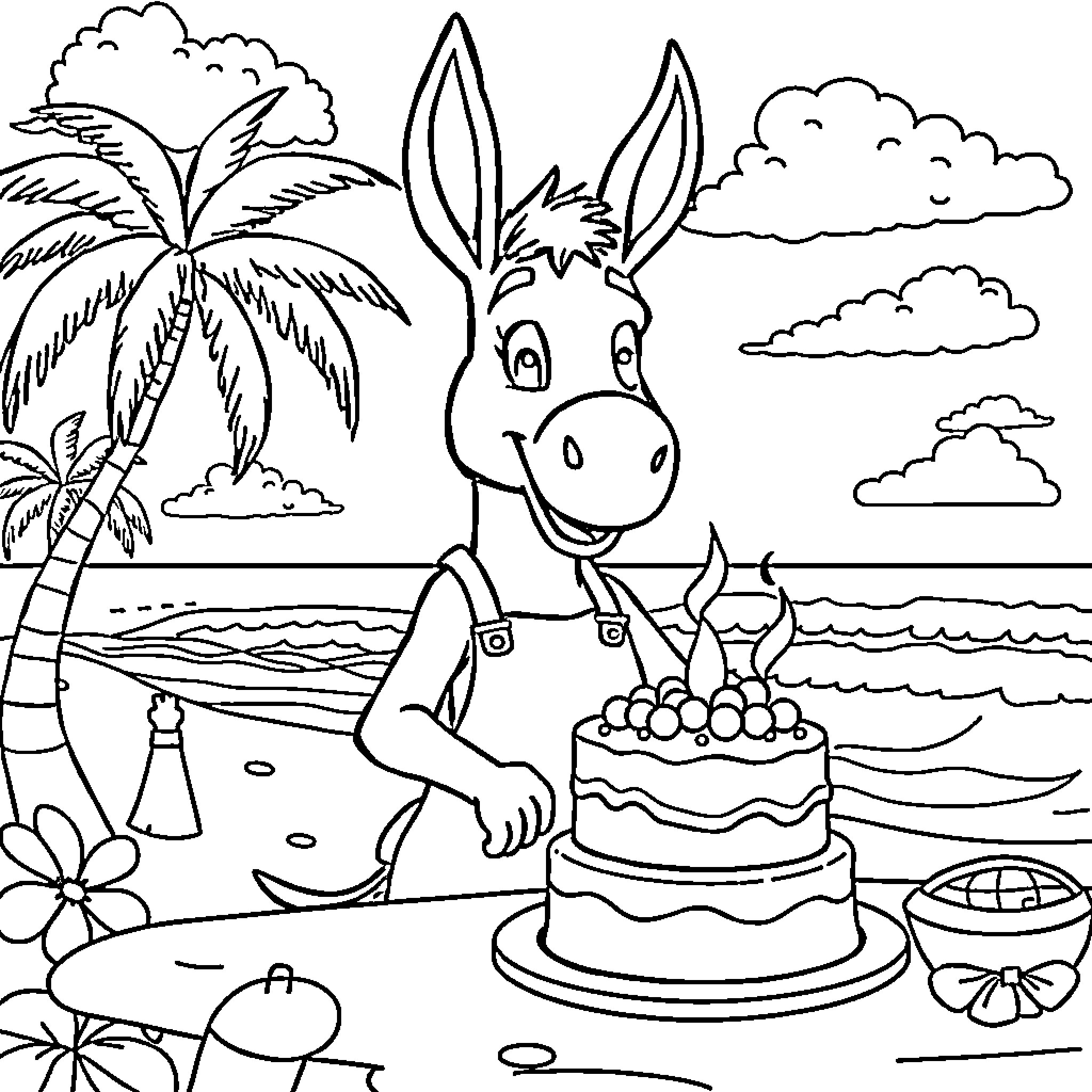 Donkey celebrating with cake on tropical beach Coloring Page (free black-and-white line drawing printable PDF for all, from beginners to advanced learners, including children, teens, adults, and seniors)
