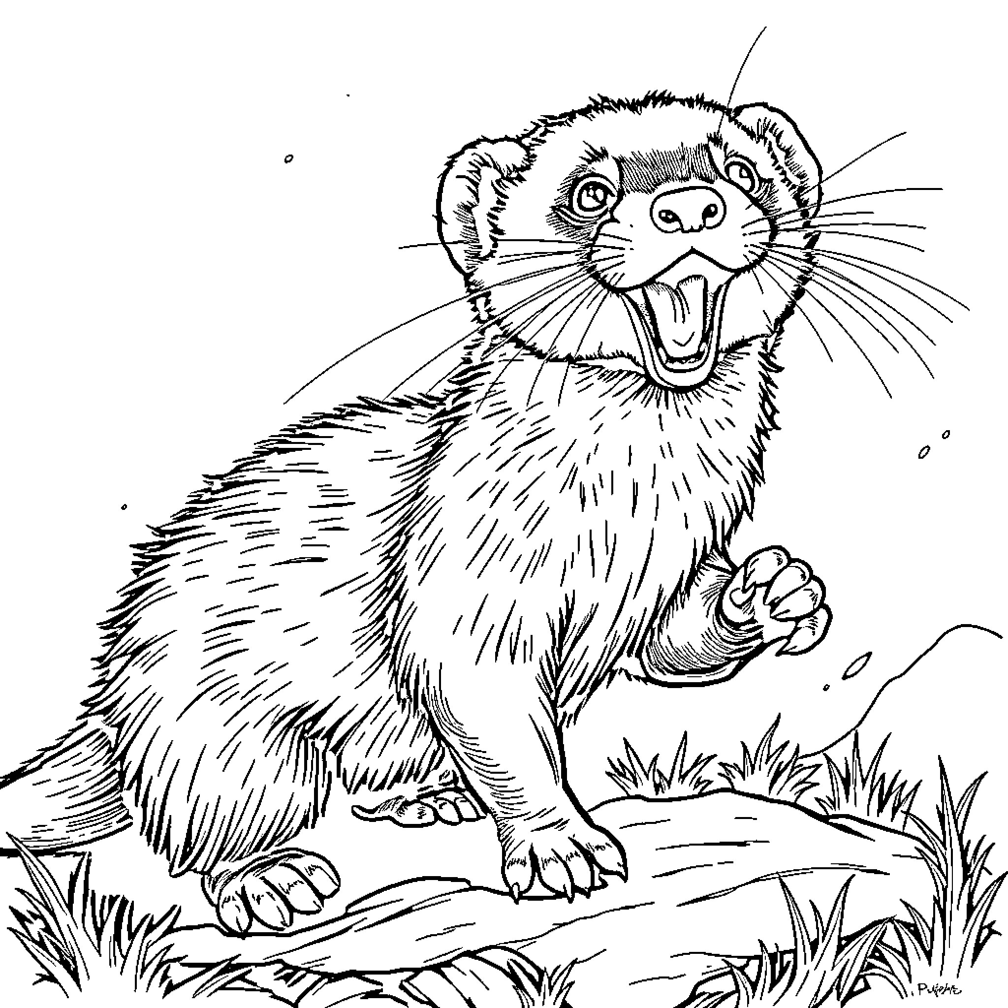 Ferret exploring the outdoors enthusiastically Coloring Page (free black-and-white line drawing printable PDF for all, from beginners to advanced learners, including children, teens, adults, and seniors)
