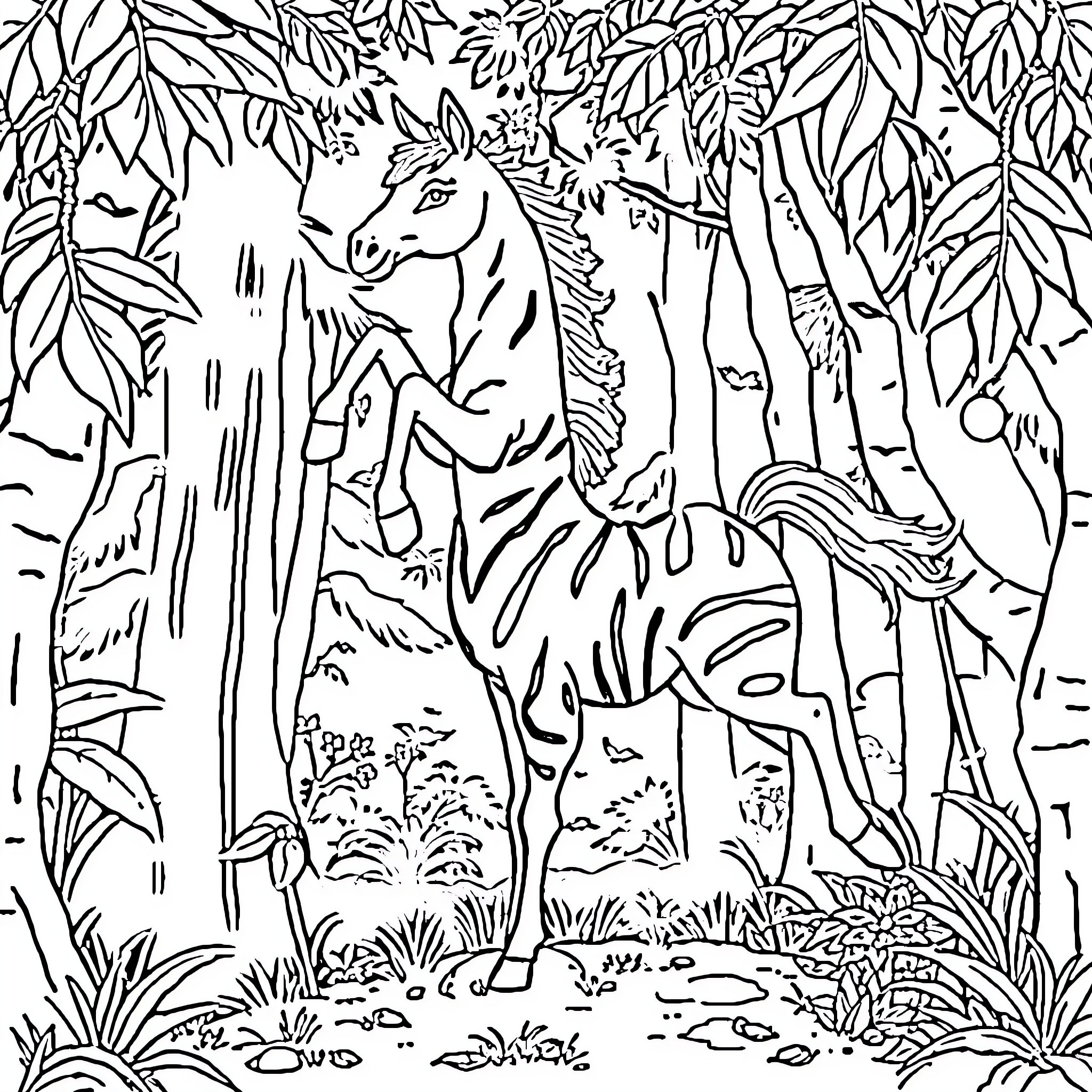 Mono Unicorn in Enchanted Forest Coloring Page (free black-and-white line drawing printable PDF for all, from beginners to advanced learners, including children, teens, adults, and seniors)