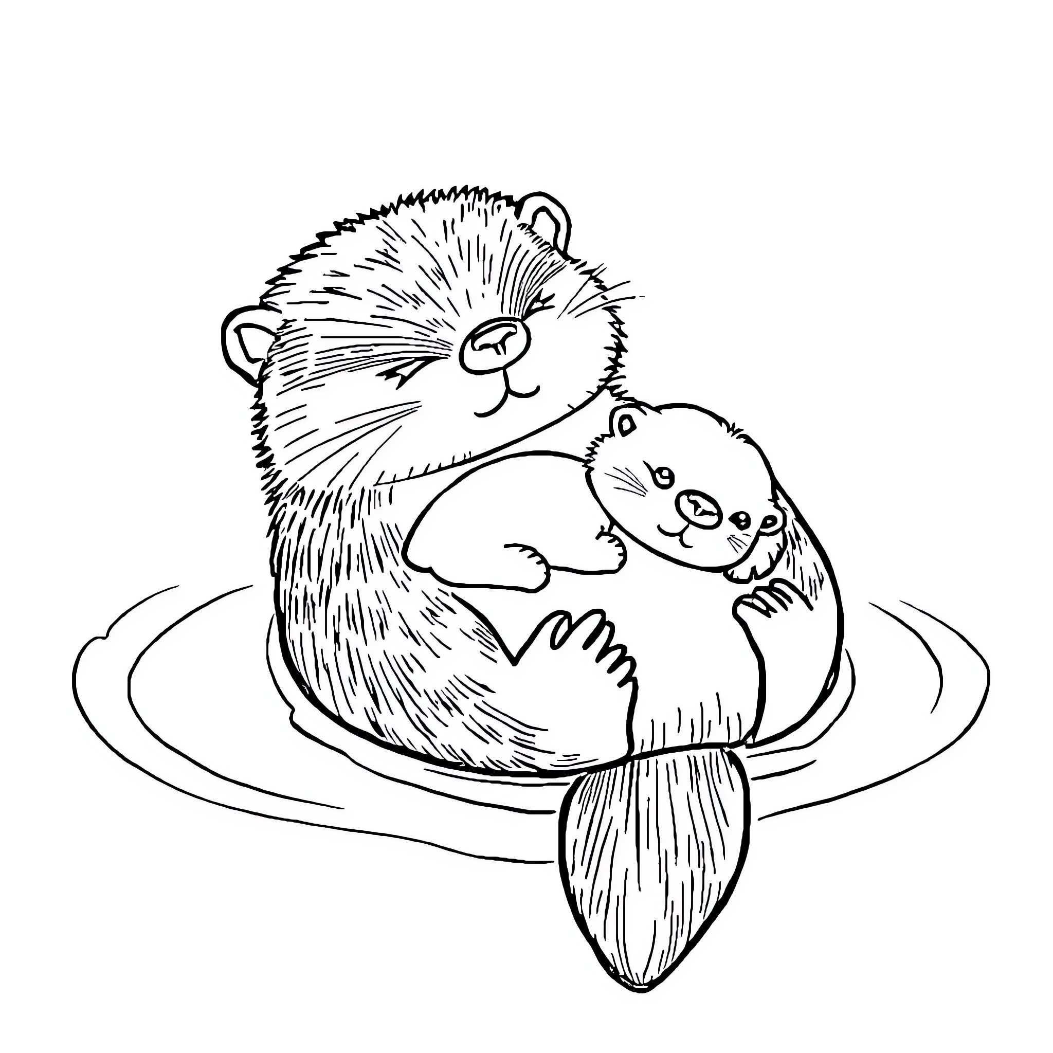 Otters cuddling and swimming together Coloring Page (free black-and-white line drawing printable PDF for all, from beginners to advanced learners, including children, teens, adults, and seniors)