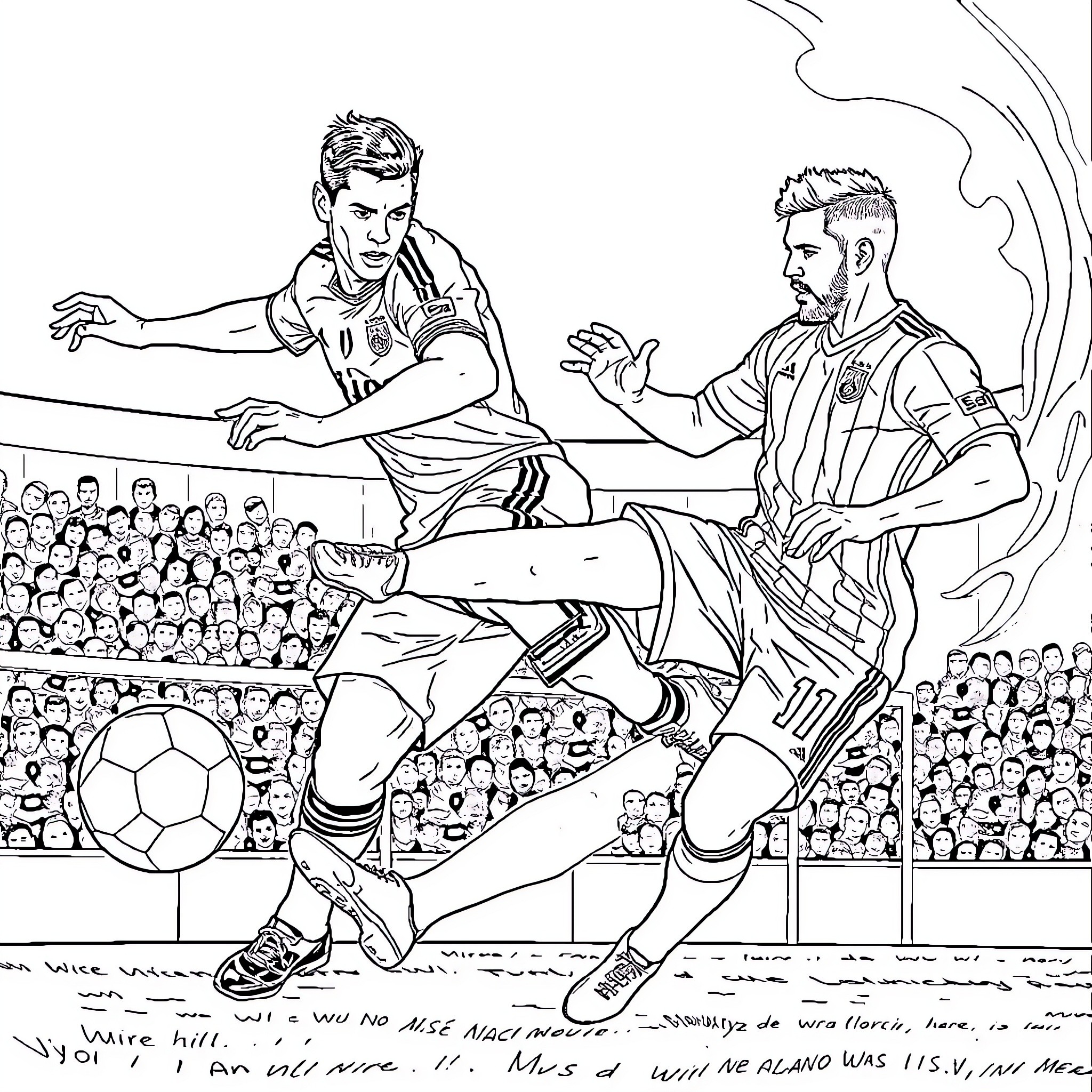 Ronaldo showcasing soccer skills in a competitive match Coloring Page (free black-and-white line drawing printable PDF for all, from beginners to advanced learners, including children, teens, adults, and seniors)