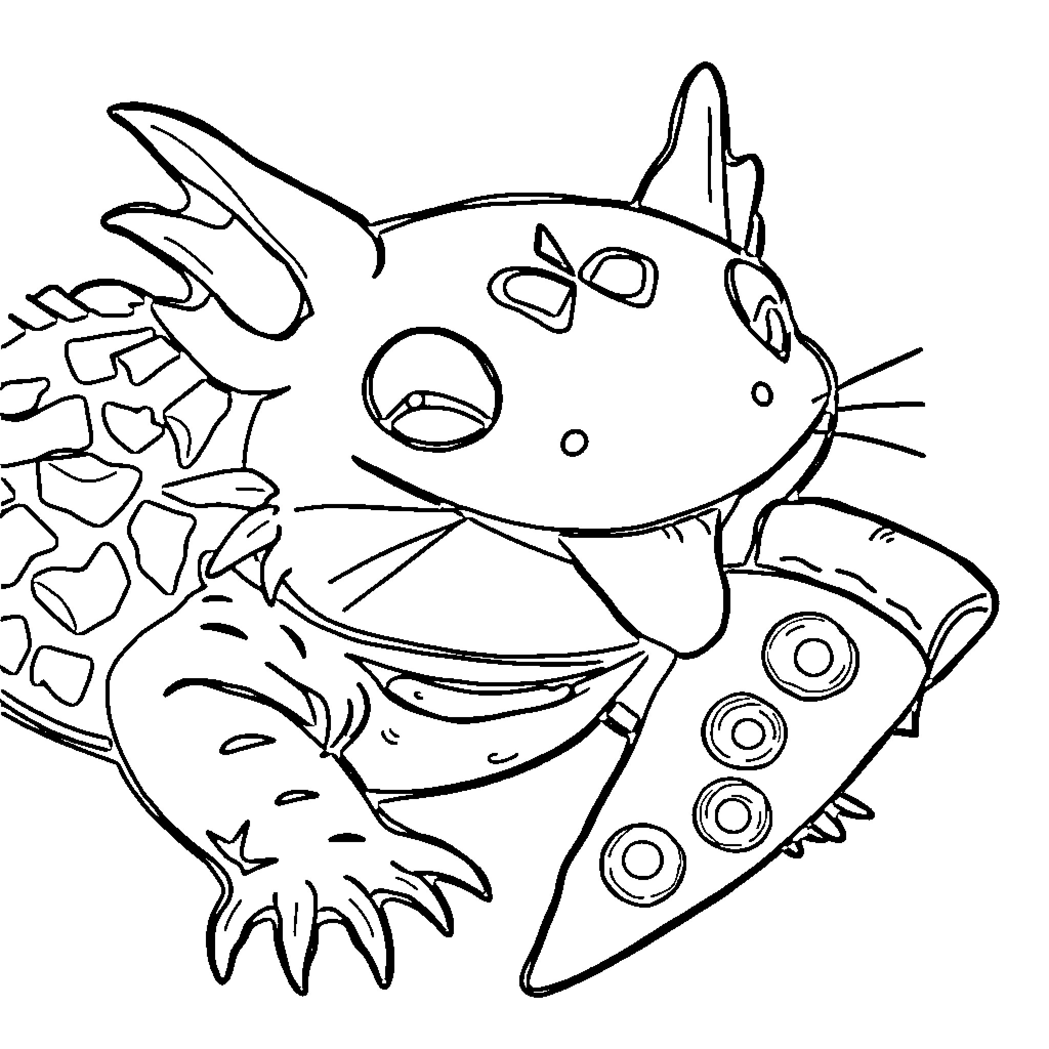 Axolotl in Playful Underwater Scene Coloring Page (free black-and-white line drawing printable PDF for all, from beginners to advanced learners, including children, teens, adults, and seniors)