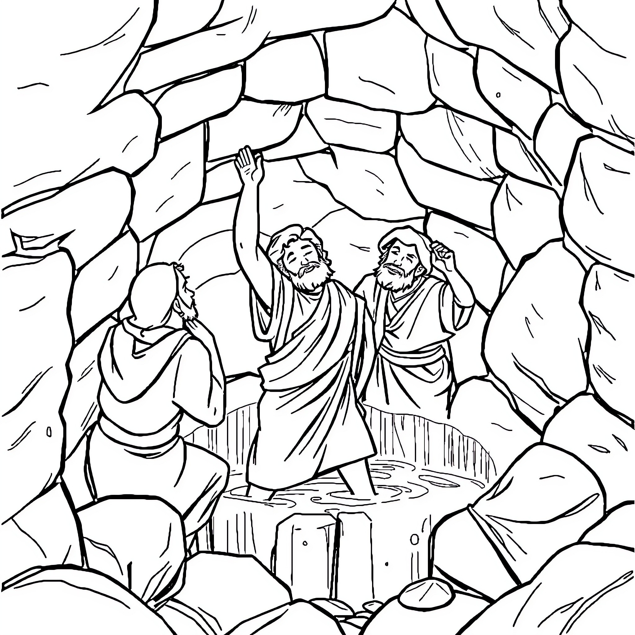 Joseph Interacts with Others in the Cave Coloring Page (free black-and-white line drawing printable PDF for all, from beginners to advanced learners, including children, teens, adults, and seniors)