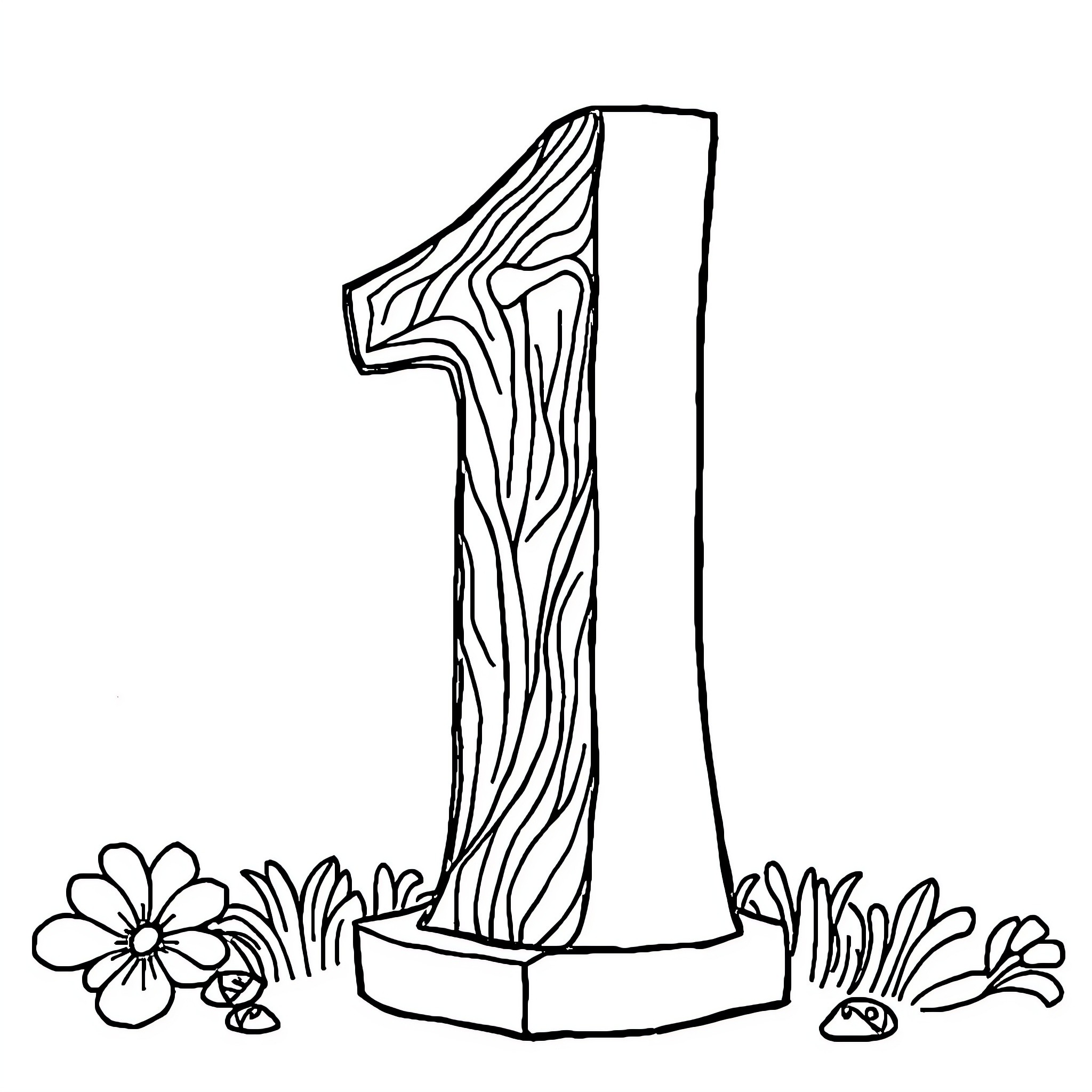 Number 1 Wooden Number Sculpture with Flowers Coloring Page (free black-and-white line drawing printable PDF for all, from beginners to advanced learners, including children, teens, adults, and seniors)