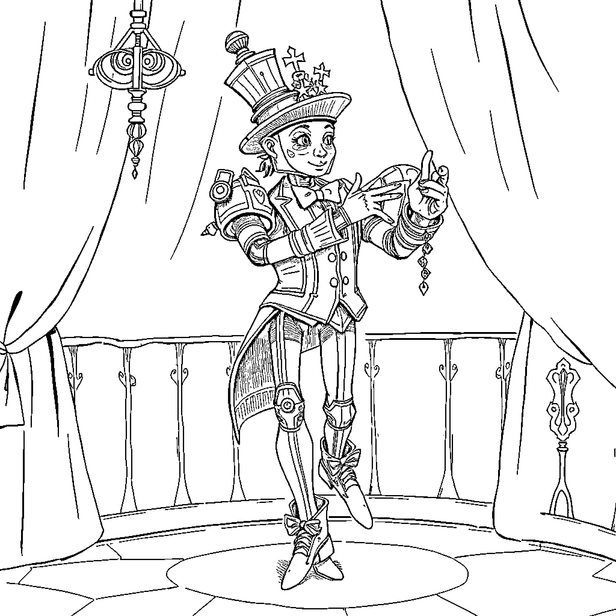 Automaton performer in whimsical attire on stage Coloring Page (free black-and-white line drawing printable PDF for all, from beginners to advanced learners, including children, teens, adults, and seniors)