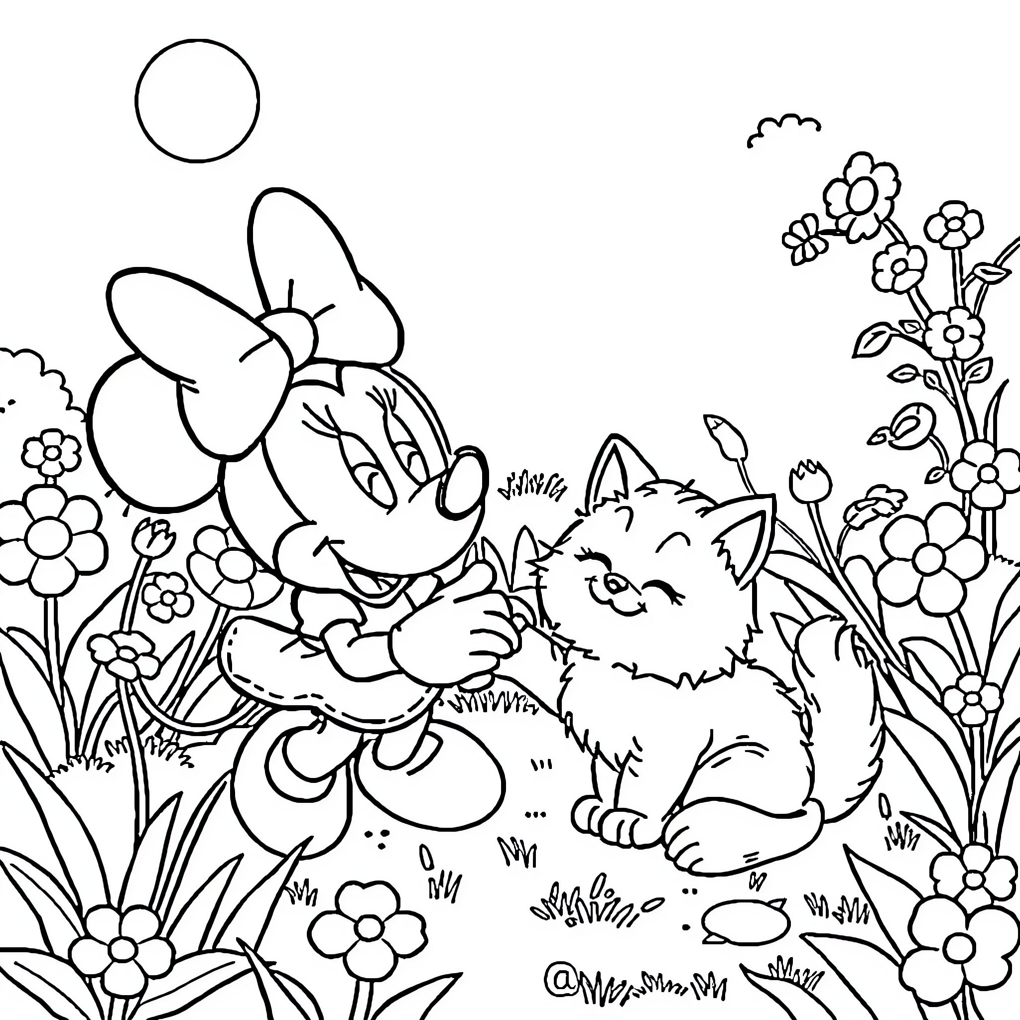 Minnie Mouse surrounded by playful animals and flowers Coloring Page (free black-and-white line drawing printable PDF for all, from beginners to advanced learners, including children, teens, adults, and seniors)