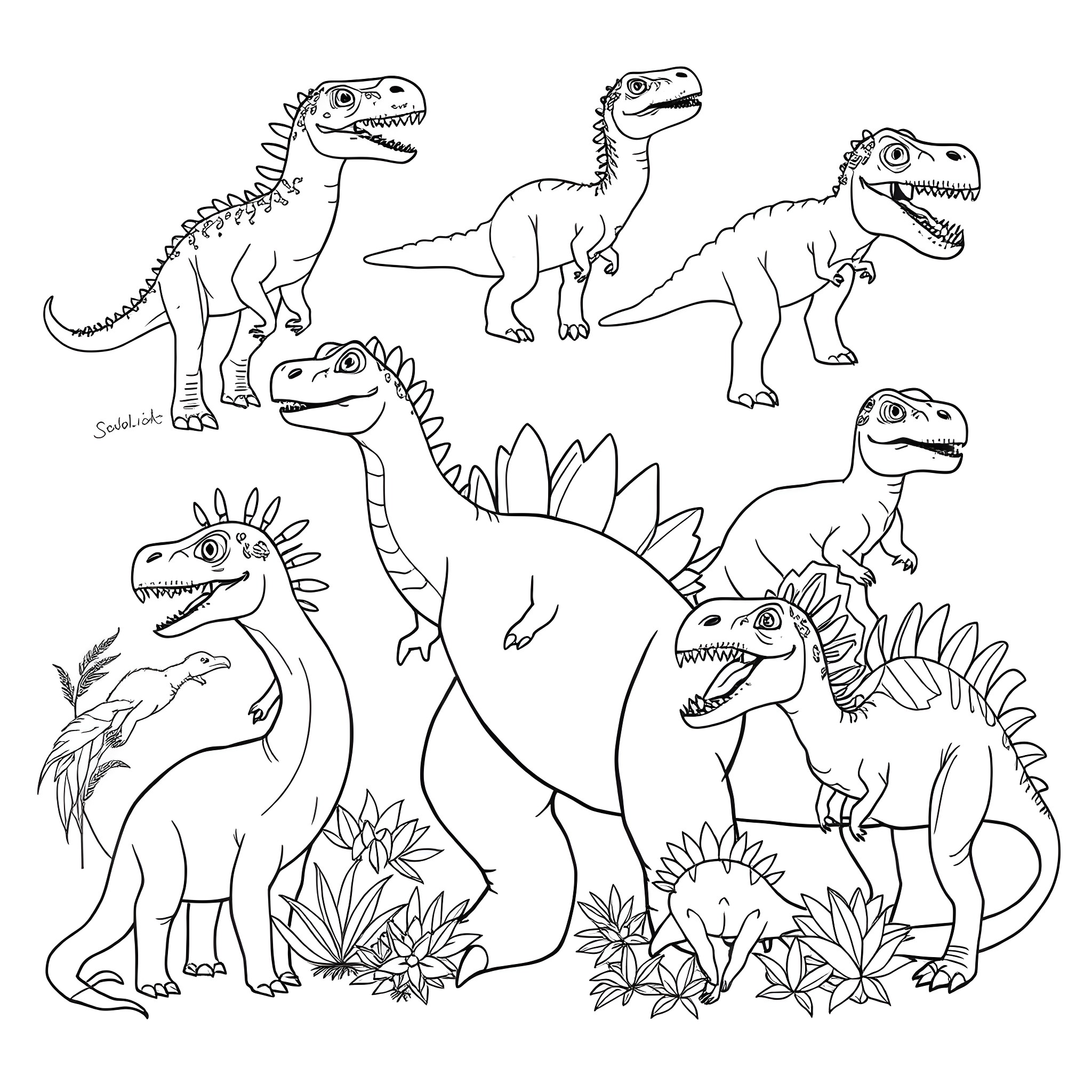Dinosaur friends playing in prehistoric landscape Coloring Page (free black-and-white line drawing printable PDF for all, from beginners to advanced learners, including children, teens, adults, and seniors)