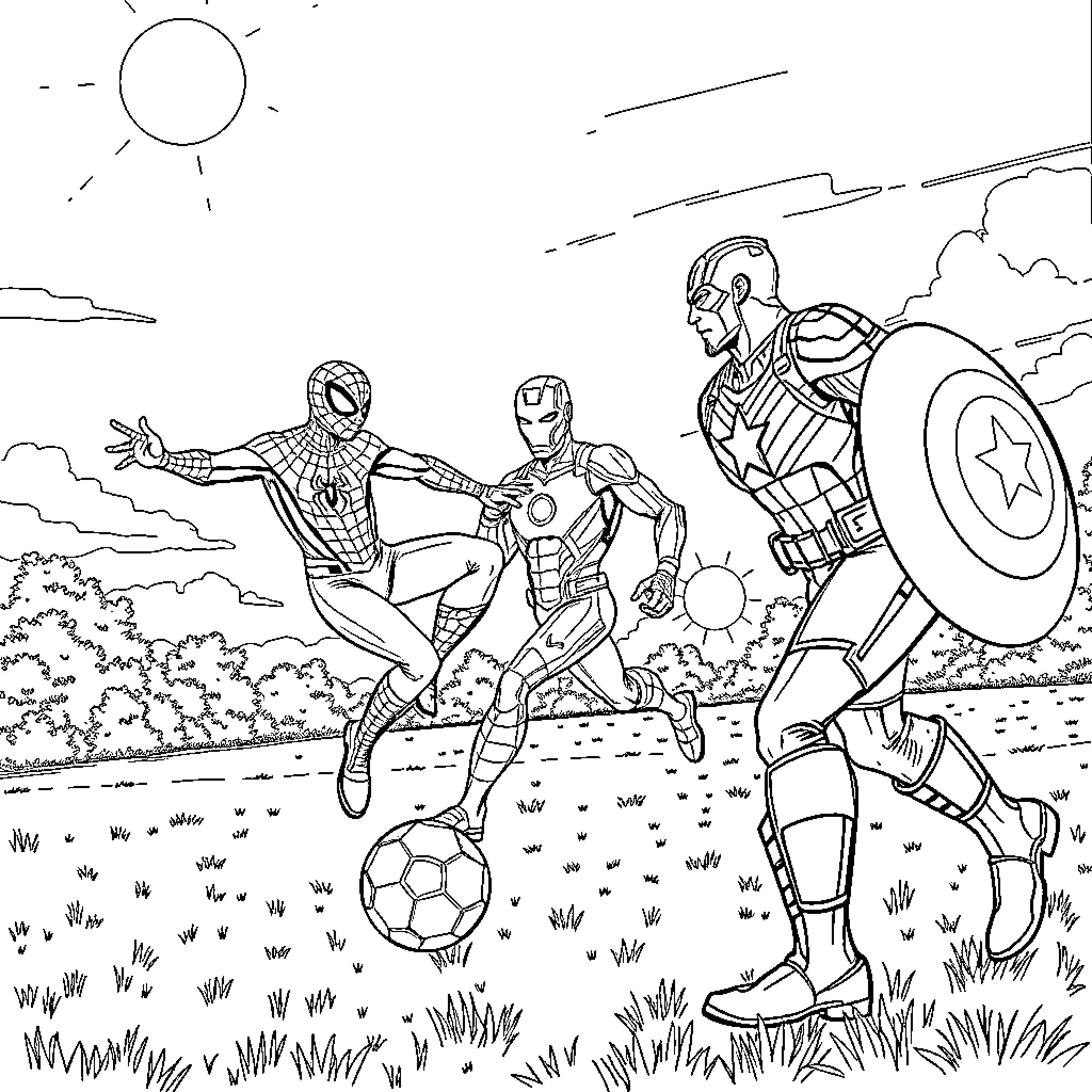 Spiderman, Captain America, and Iron Man playing soccer Coloring Page (free black-and-white line drawing printable PDF for all, from beginners to advanced learners, including children, teens, adults, and seniors)