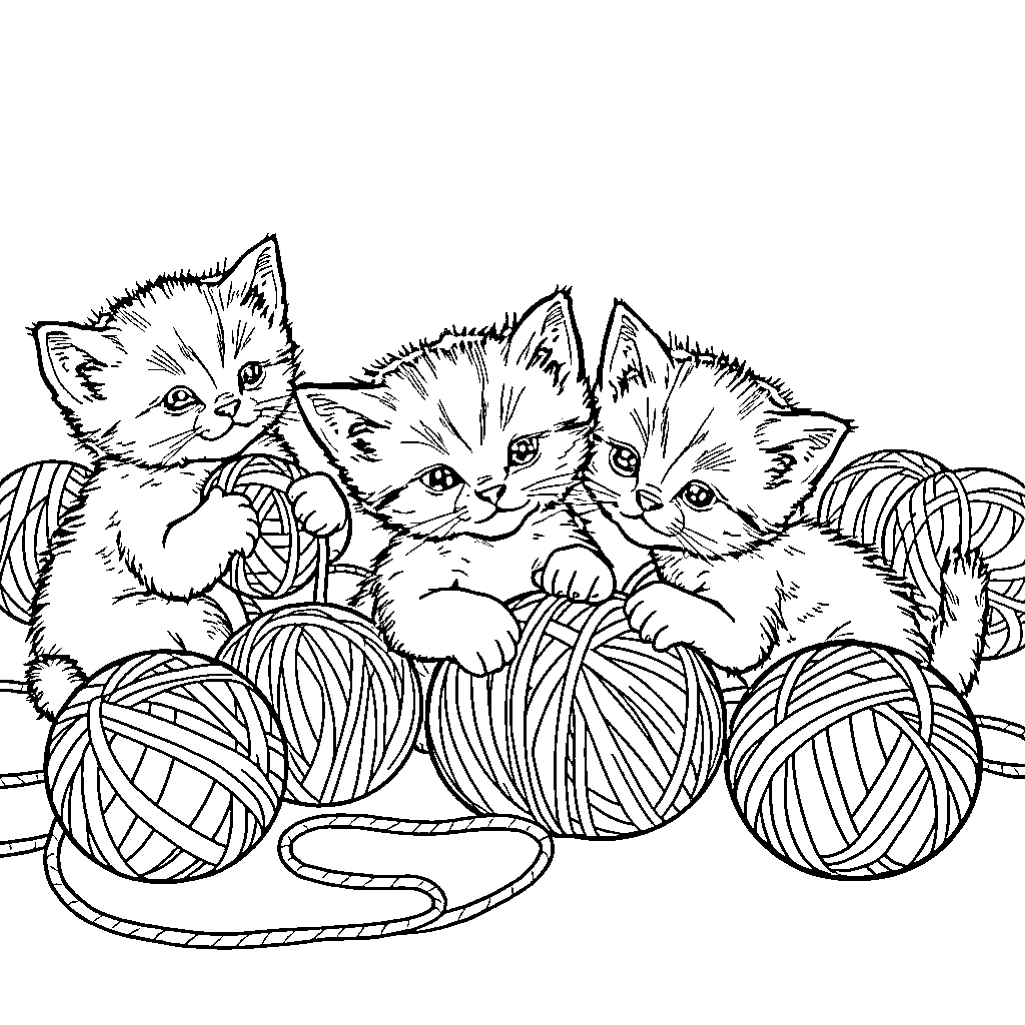 Kittens playing with yarn balls Coloring Page (free black-and-white line drawing printable PDF for all, from beginners to advanced learners, including children, teens, adults, and seniors)