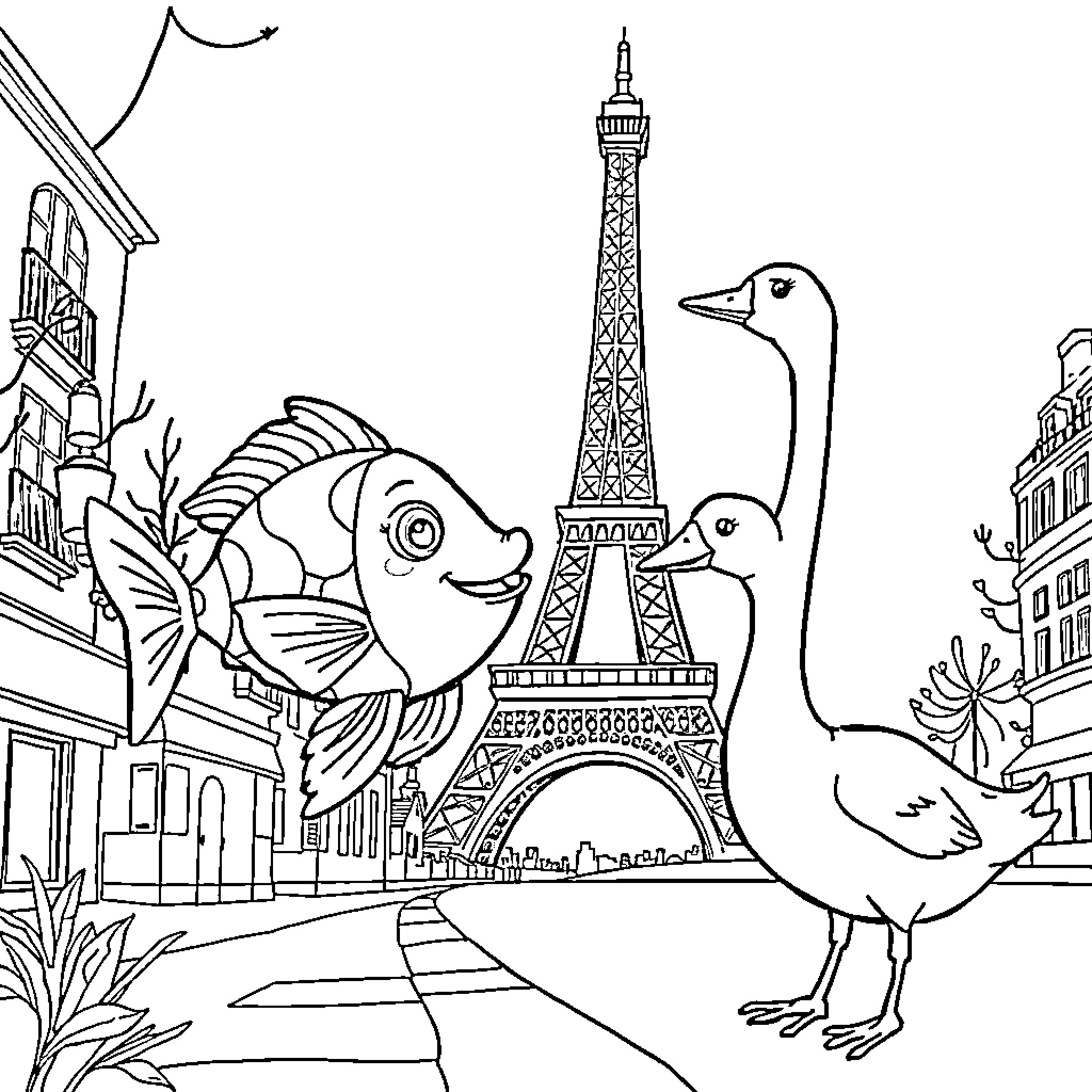 Fish and ducks explore Parisian landmarks Coloring Page (free black-and-white line drawing printable PDF for all, from beginners to advanced learners, including children, teens, adults, and seniors)