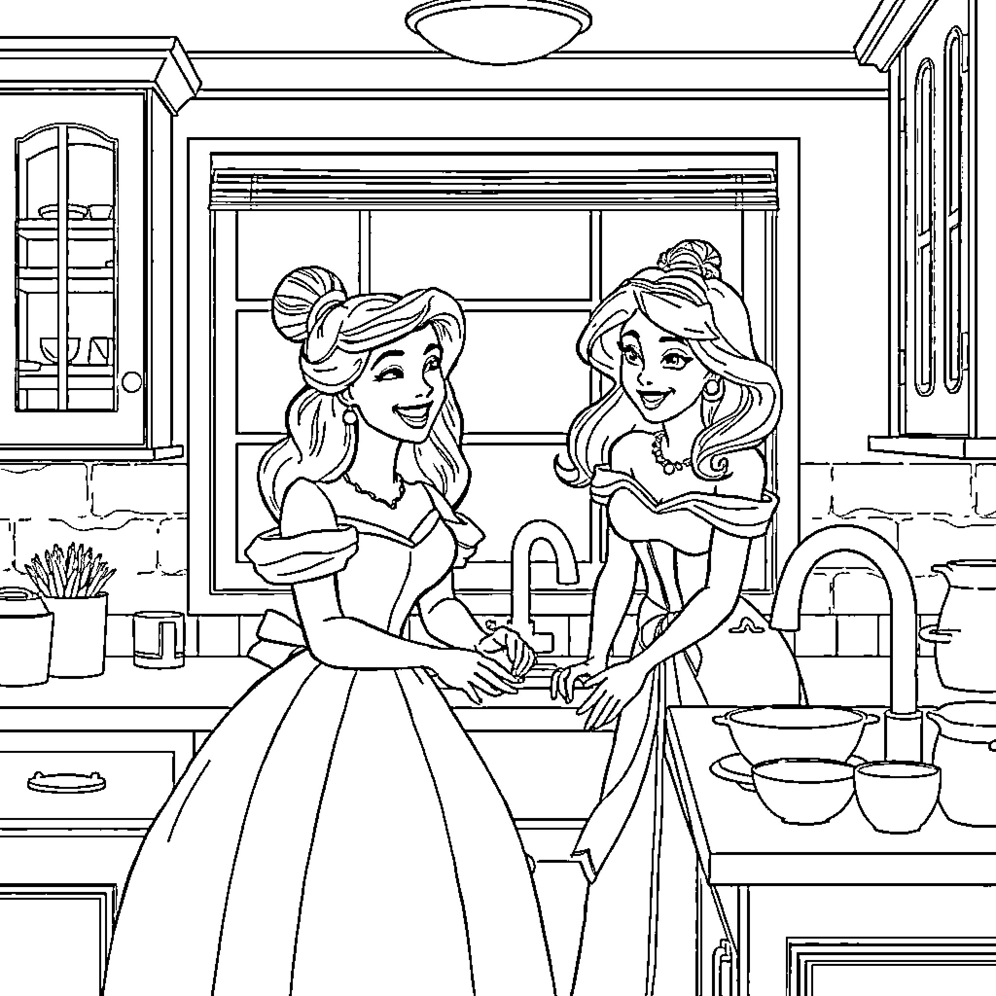 Belle and Friend Baking in the Kitchen Coloring Page (free black-and-white line drawing printable PDF for all, from beginners to advanced learners, including children, teens, adults, and seniors)