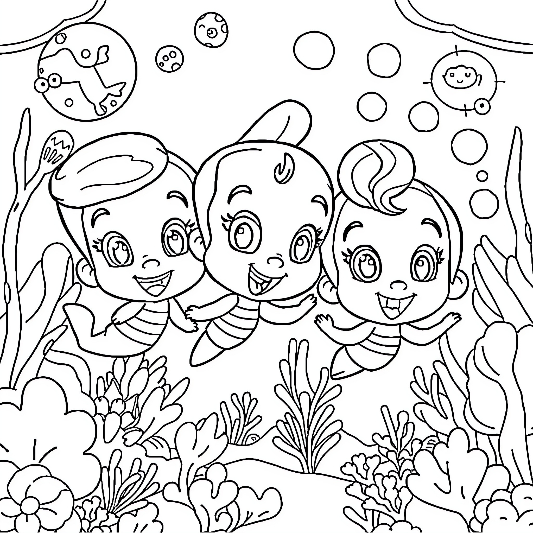 Bubble Guppies playing happily underwater Coloring Page (free black-and-white line drawing printable PDF for all, from beginners to advanced learners, including children, teens, adults, and seniors)