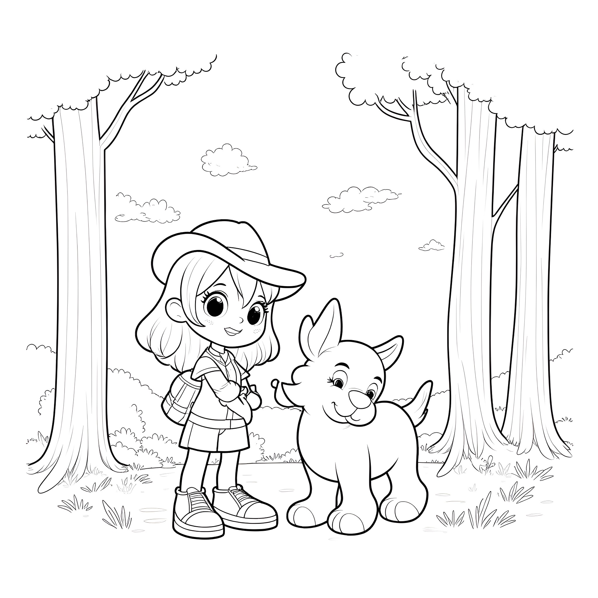 Rosie's Rules: Girl and Pet Dog Exploring the Outdoors Coloring Page (free black-and-white line drawing printable PDF for all, from beginners to advanced learners, including children, teens, adults, and seniors)