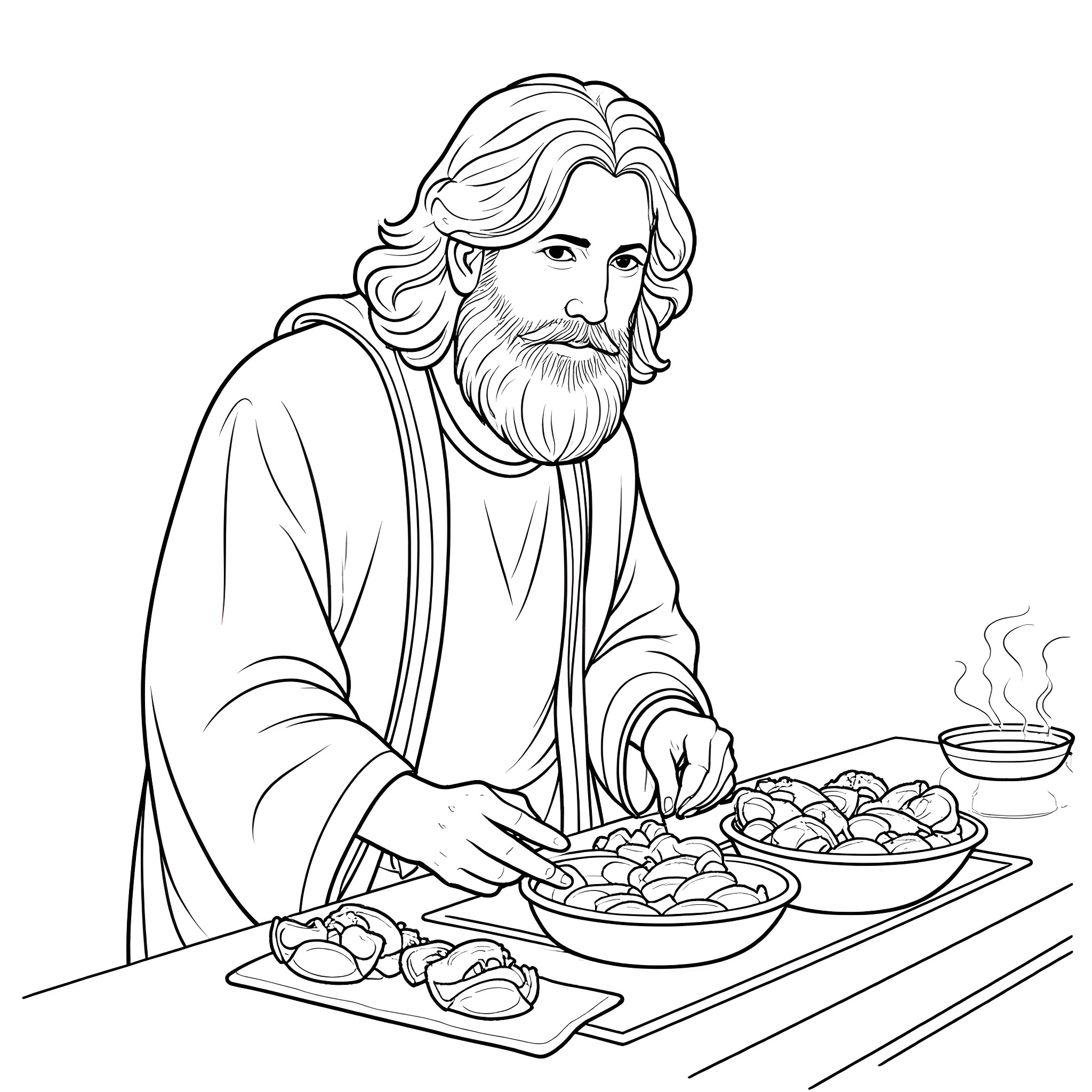 Jerry Garcia enjoying a hearty meal with friends Coloring Page (free black-and-white line drawing printable PDF for all, from beginners to advanced learners, including children, teens, adults, and seniors)