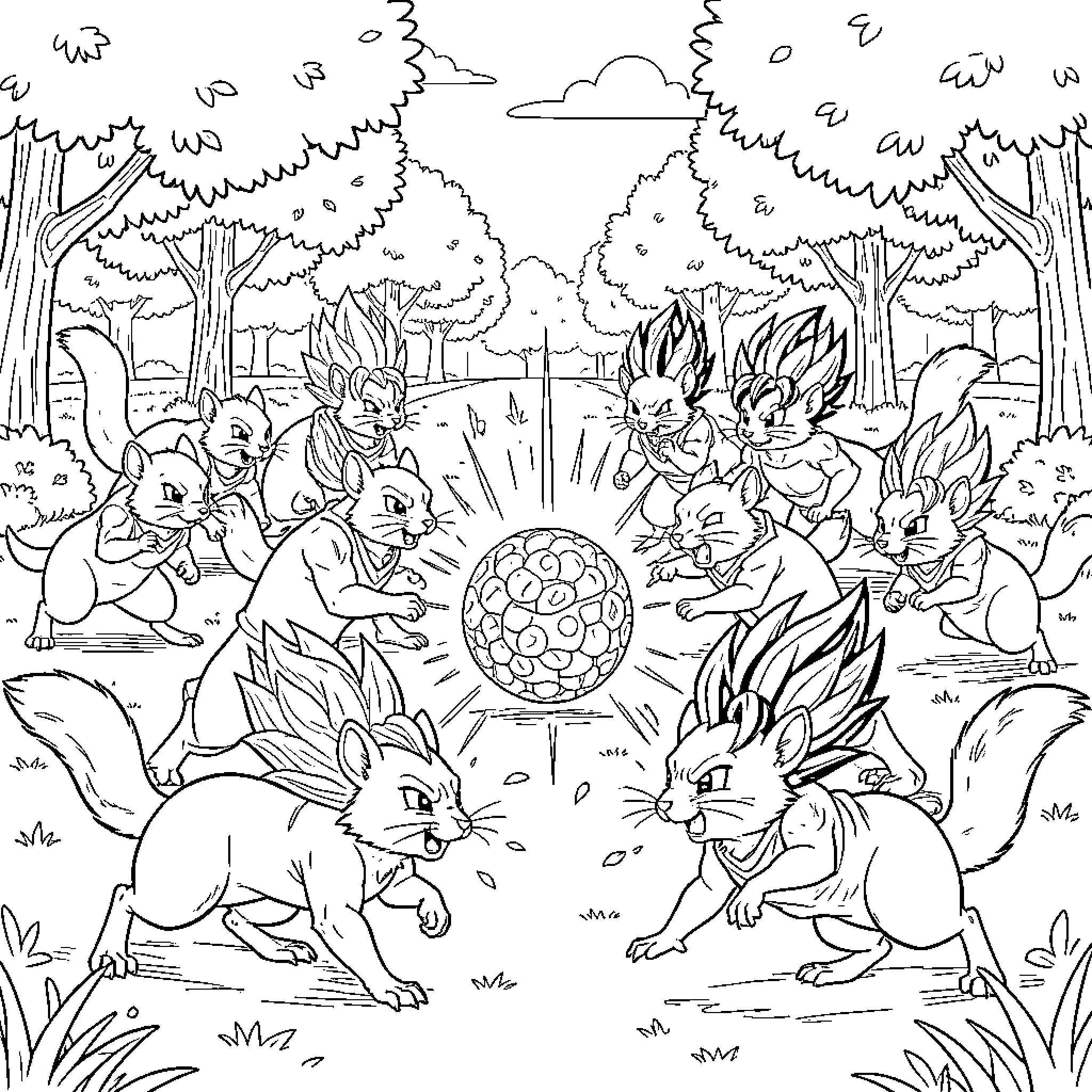 Squirrels playing with a mysterious orb in the forest Coloring Page (free black-and-white line drawing printable PDF for all, from beginners to advanced learners, including children, teens, adults, and seniors)