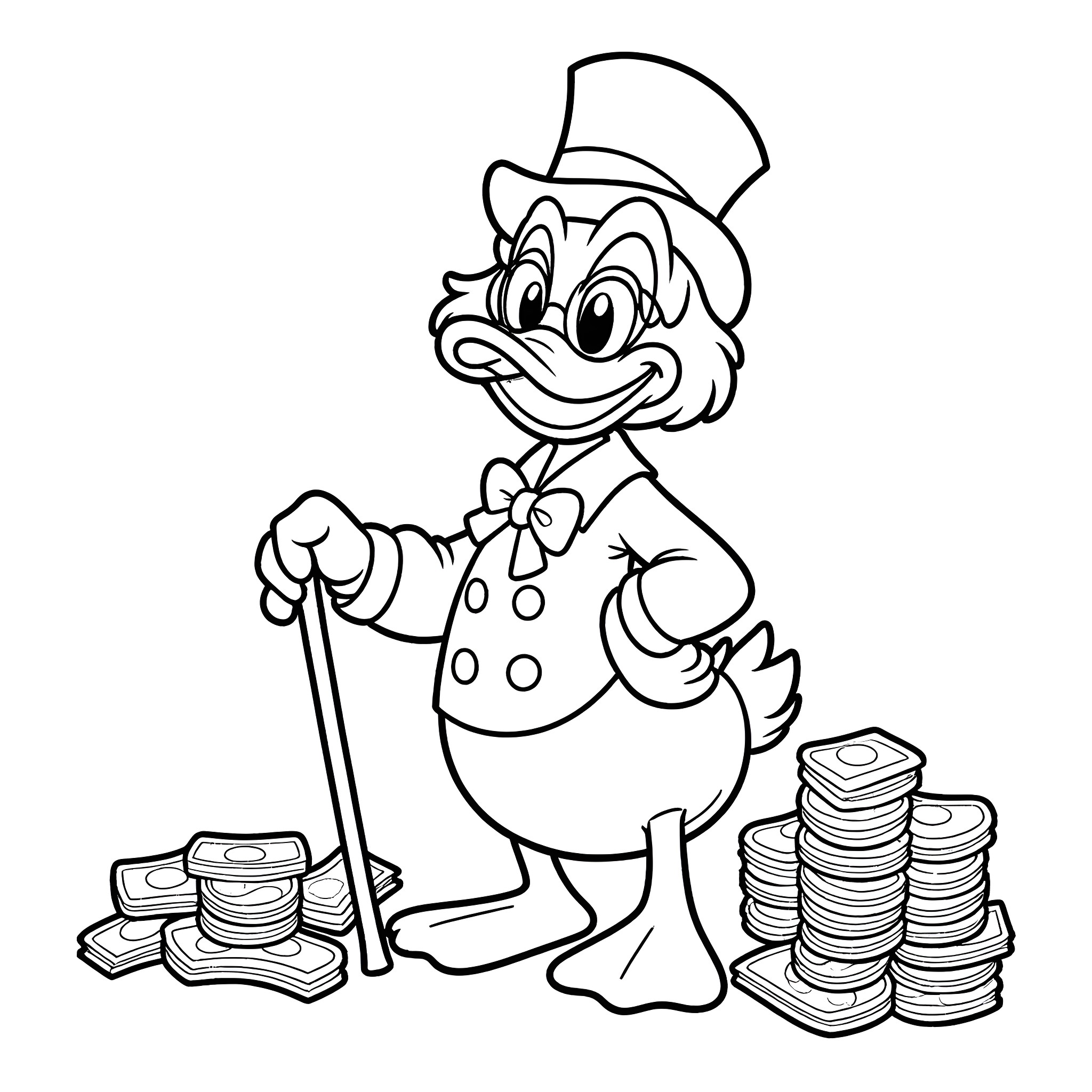 Scrooge McDuck counting his money with a cane Coloring Page (free black-and-white line drawing printable PDF for all, from beginners to advanced learners, including children, teens, adults, and seniors)