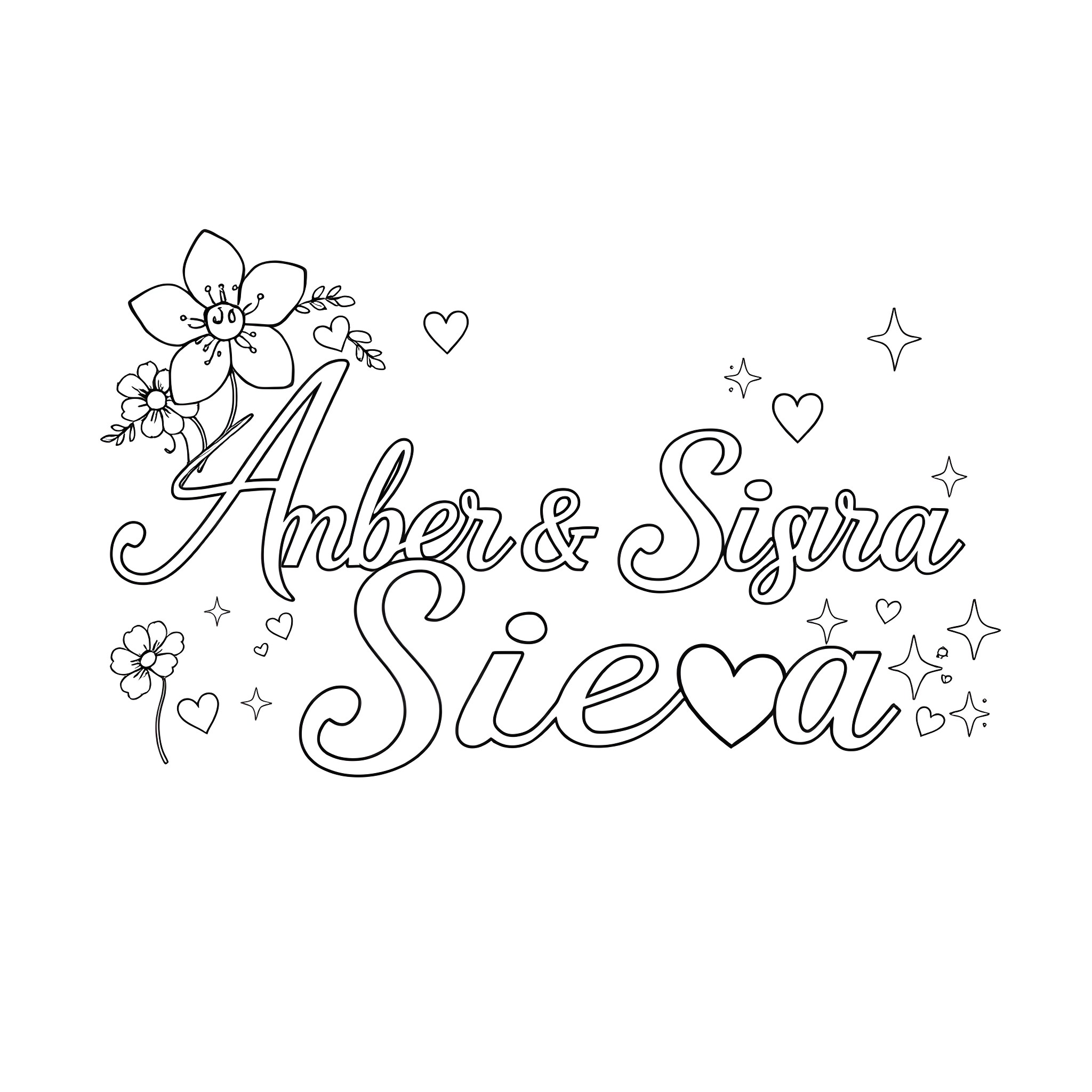 Font with floral and heart motifs Coloring Page (free black-and-white line drawing printable PDF for all, from beginners to advanced learners, including children, teens, adults, and seniors)