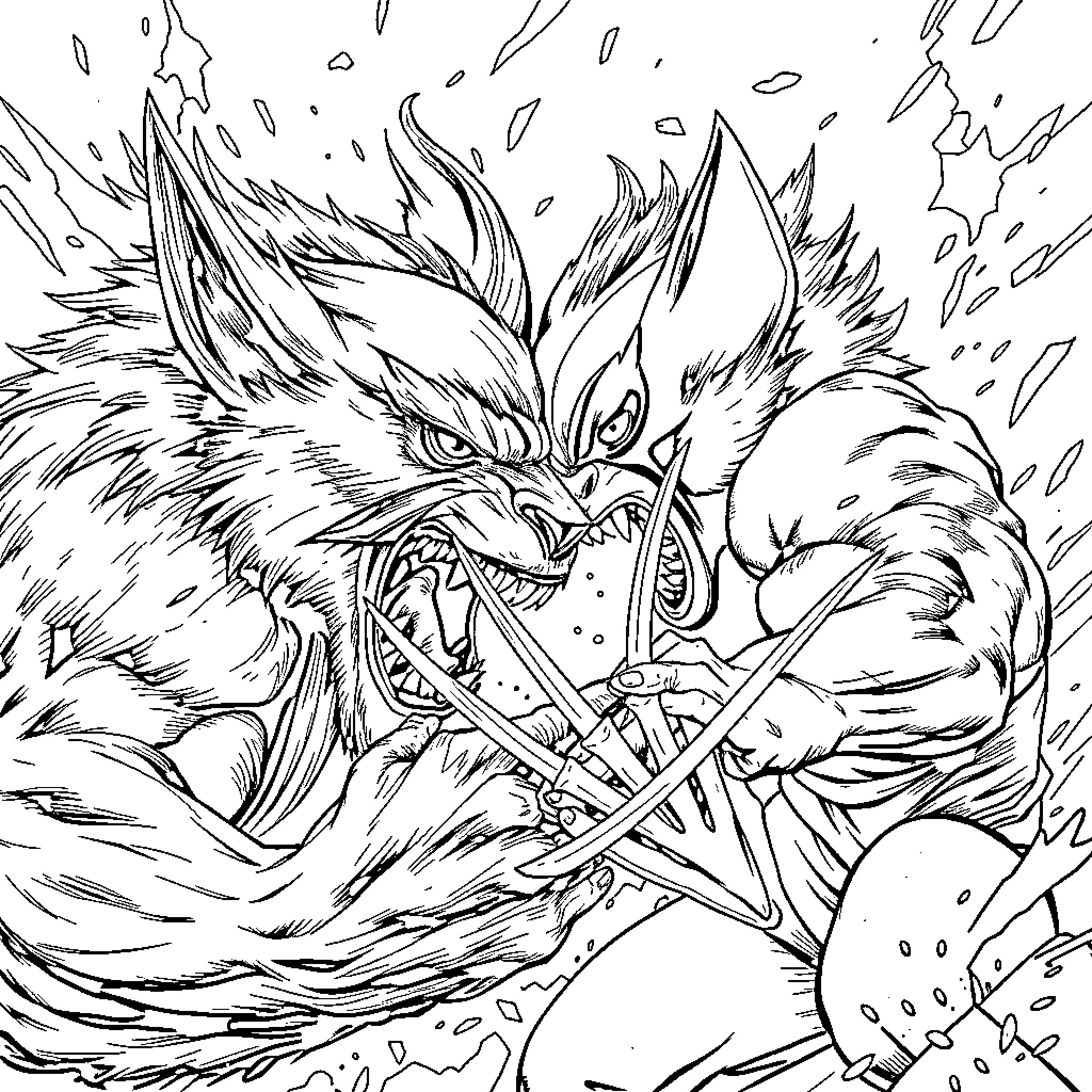 Animal wielding a sword in fierce battle Coloring Page (free black-and-white line drawing printable PDF for all, from beginners to advanced learners, including children, teens, adults, and seniors)